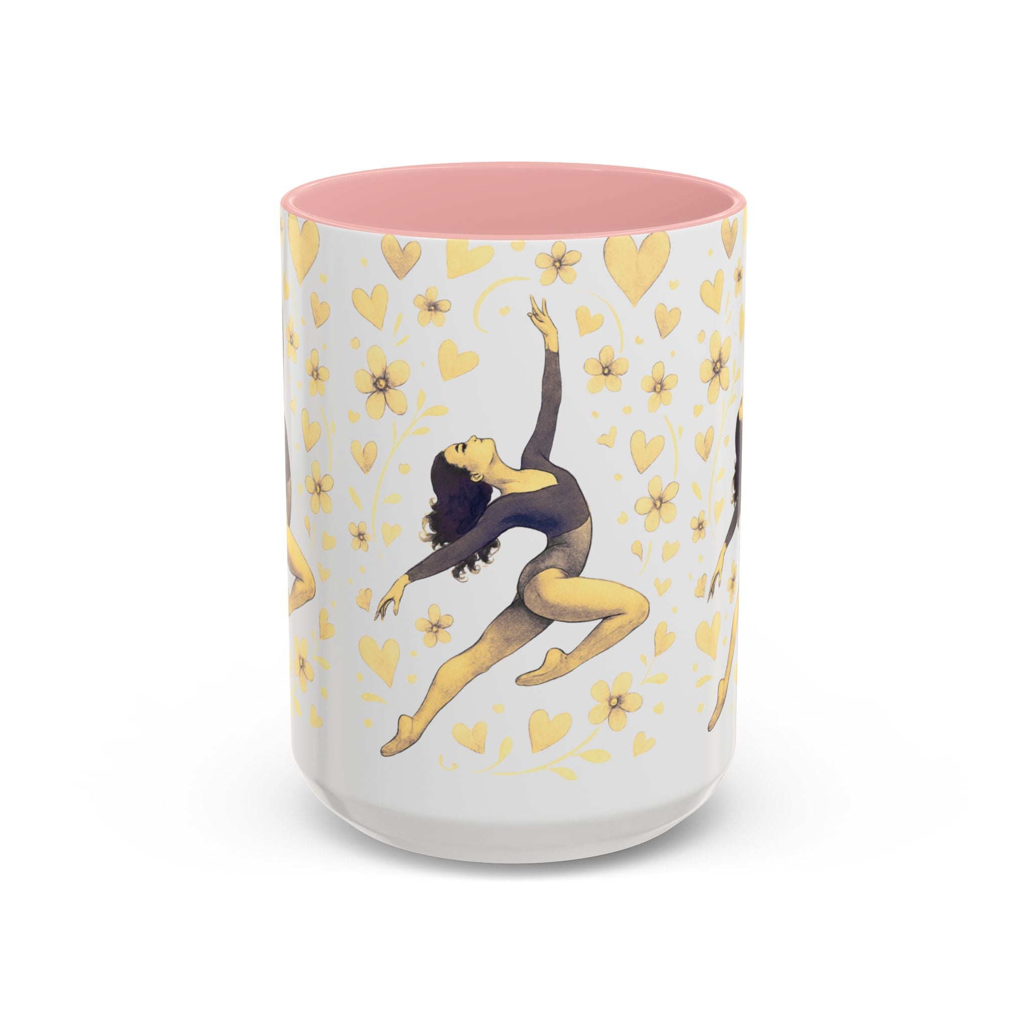 Ballet Dancer Accent Mug – Gold Hearts & Flowers Ceramic Coffee Cup (11/15oz)