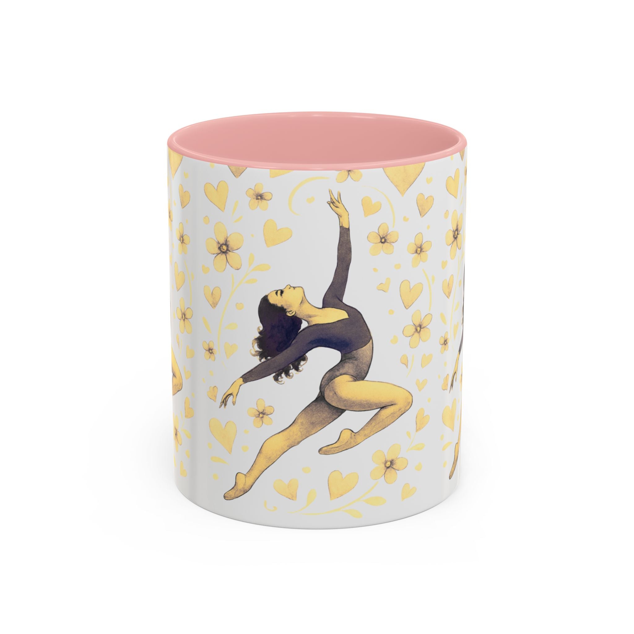 Ballet Dancer Accent Mug – Gold Hearts & Flowers Ceramic Coffee Cup (11/15oz)