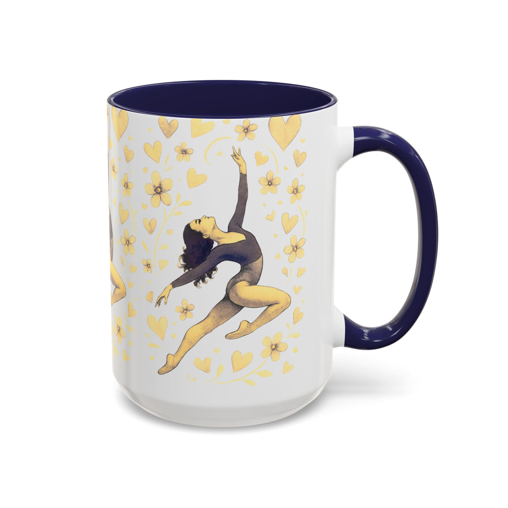 Ballet Dancer Accent Mug – Gold Hearts & Flowers Ceramic Coffee Cup (11/15oz)