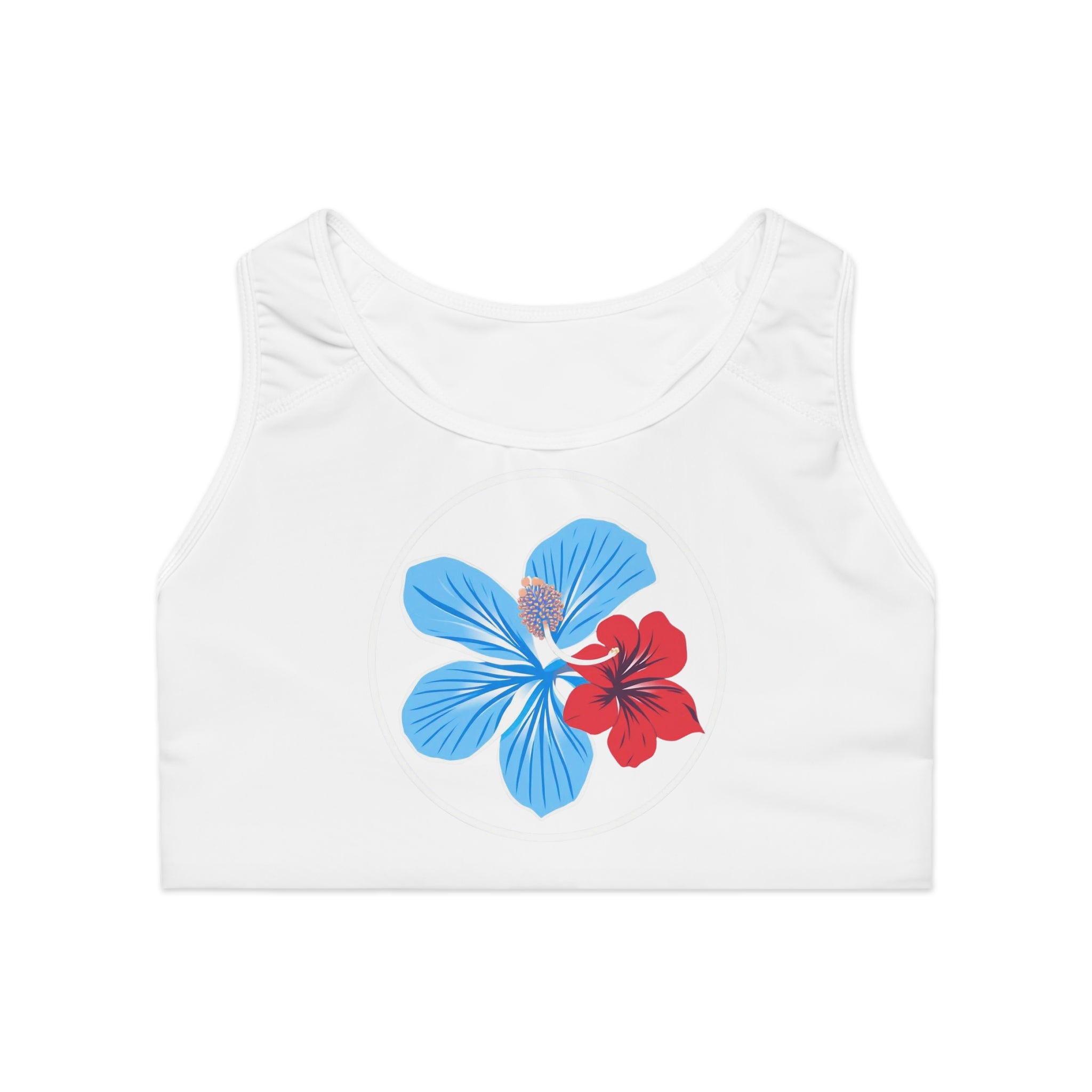 Floral Hibiscus Sports Bra — Blue & Red Tropical Print