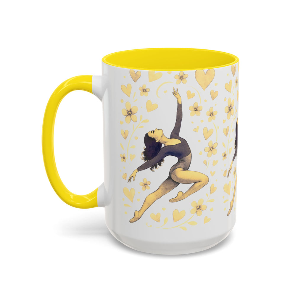 Ballet Dancer Accent Mug – Gold Hearts & Flowers Ceramic Coffee Cup (11/15oz)