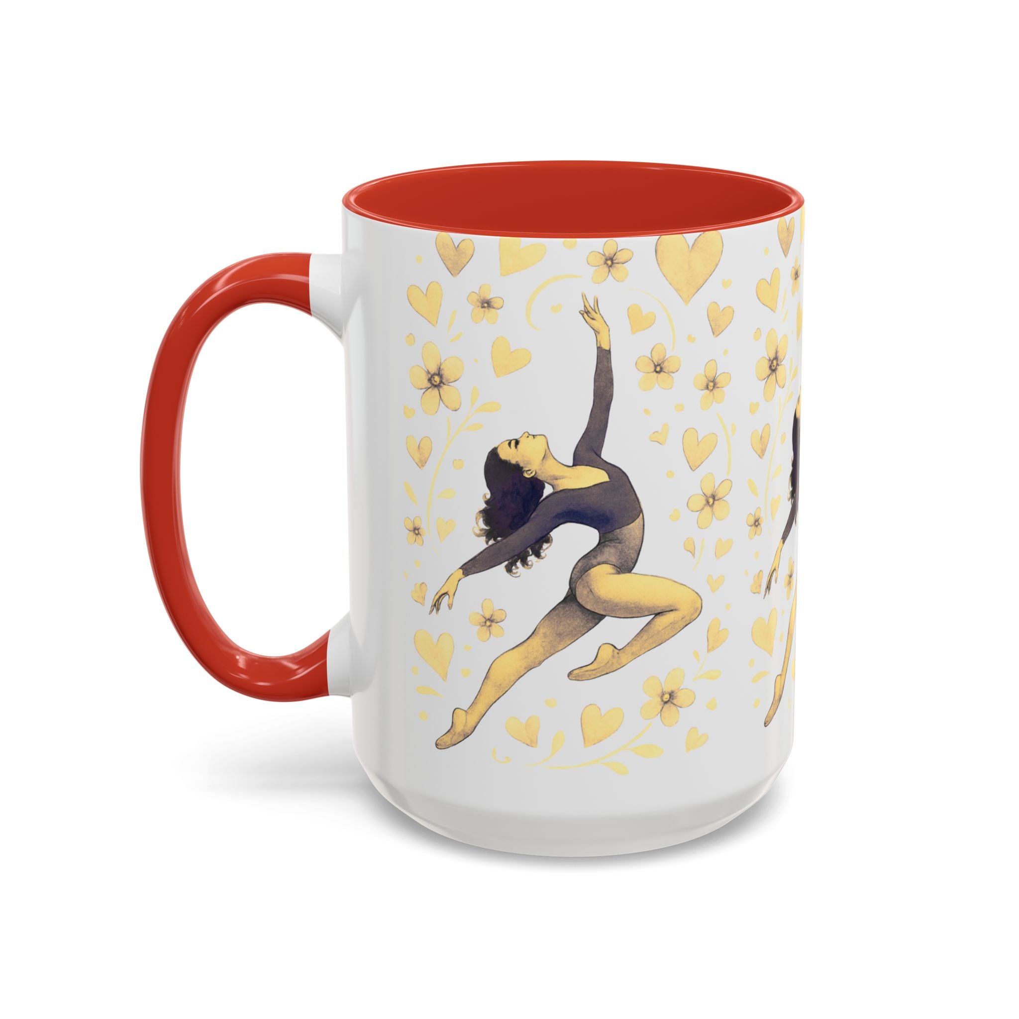 Ballet Dancer Accent Mug – Gold Hearts & Flowers Ceramic Coffee Cup (11/15oz)