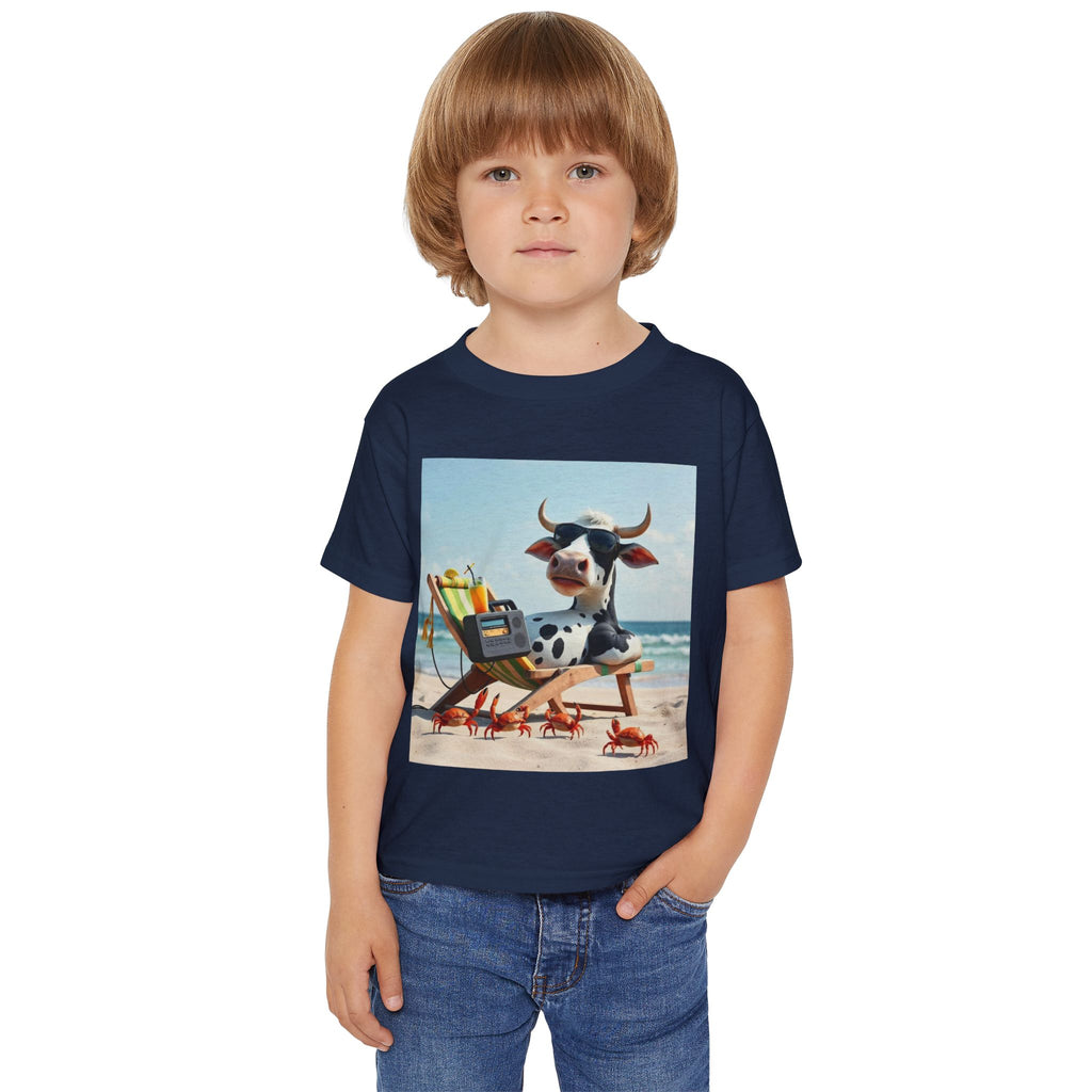 Beach Cow Toddler T‑Shirt — Cute Cow on Beach with Crabs Kids Tee