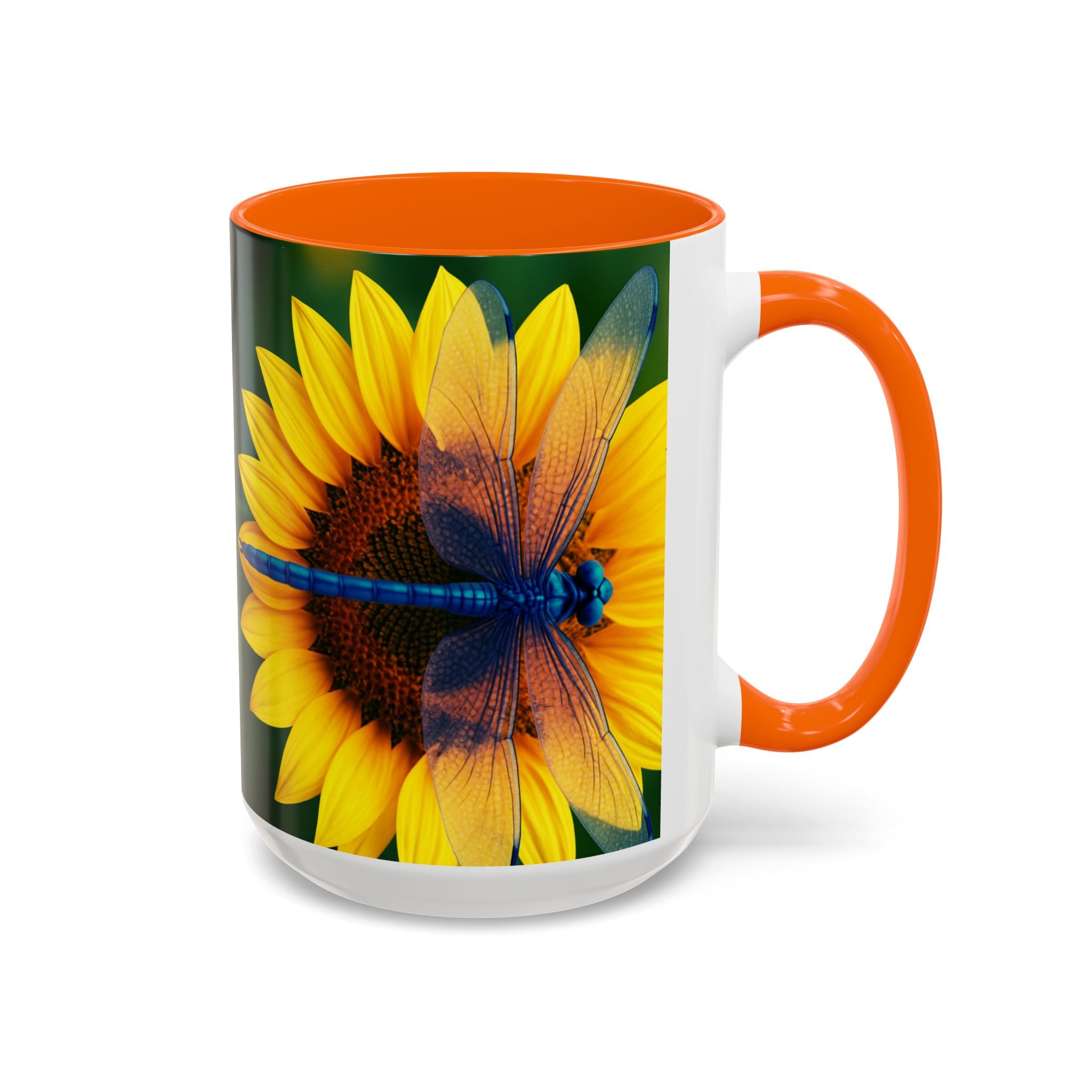 Sunflower & Dragonfly Accent Coffee Mug — Bright Floral Tea Cup (11/15oz)