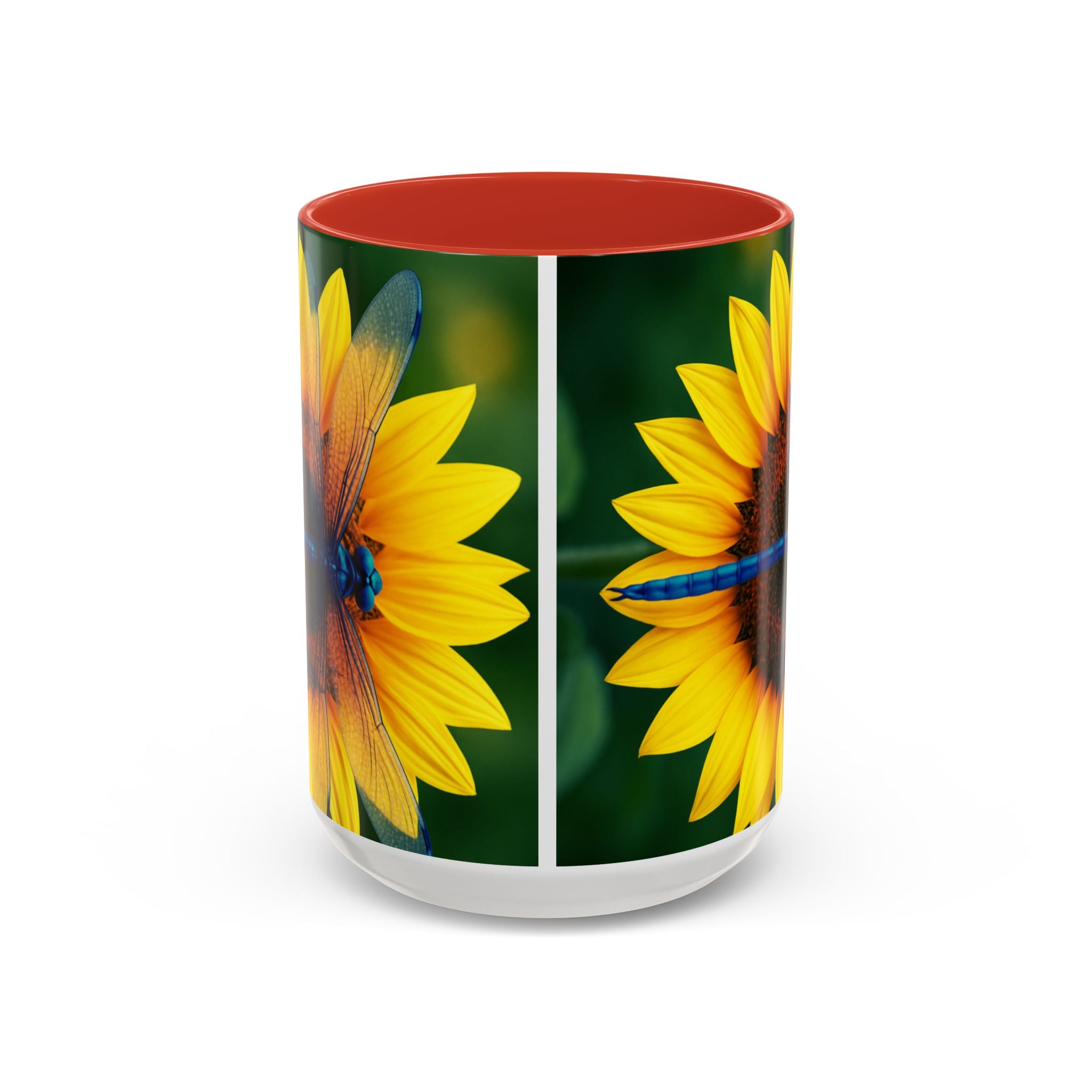 Sunflower & Dragonfly Accent Coffee Mug — Bright Floral Tea Cup (11/15oz)