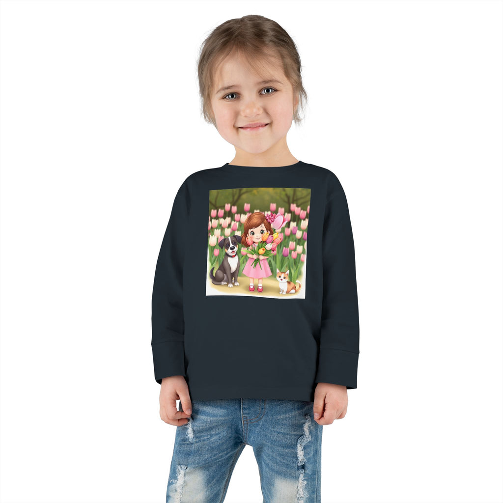 Toddler Long Sleeve Tee — Spring Cat and Dog T- Shirt