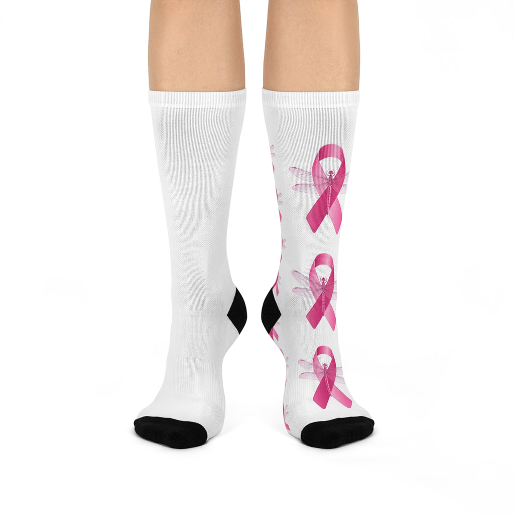 Breast Cancer Awareness Cushioned Crew Socks – Pink Ribbon Dragonfly