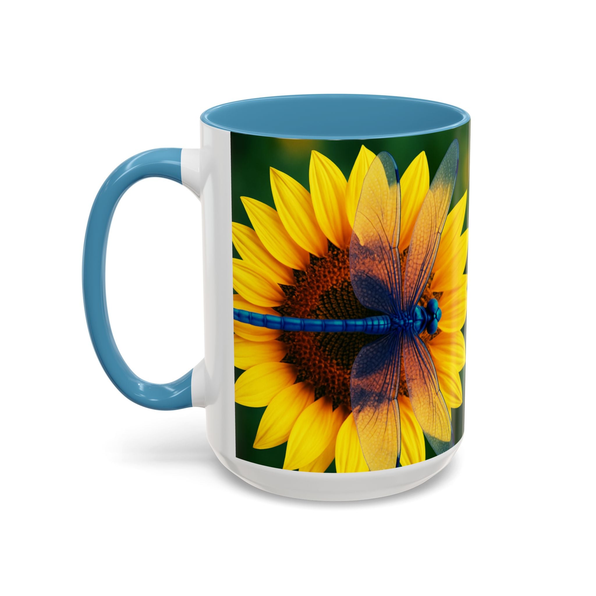 Sunflower & Dragonfly Accent Coffee Mug — Bright Floral Tea Cup (11/15oz)