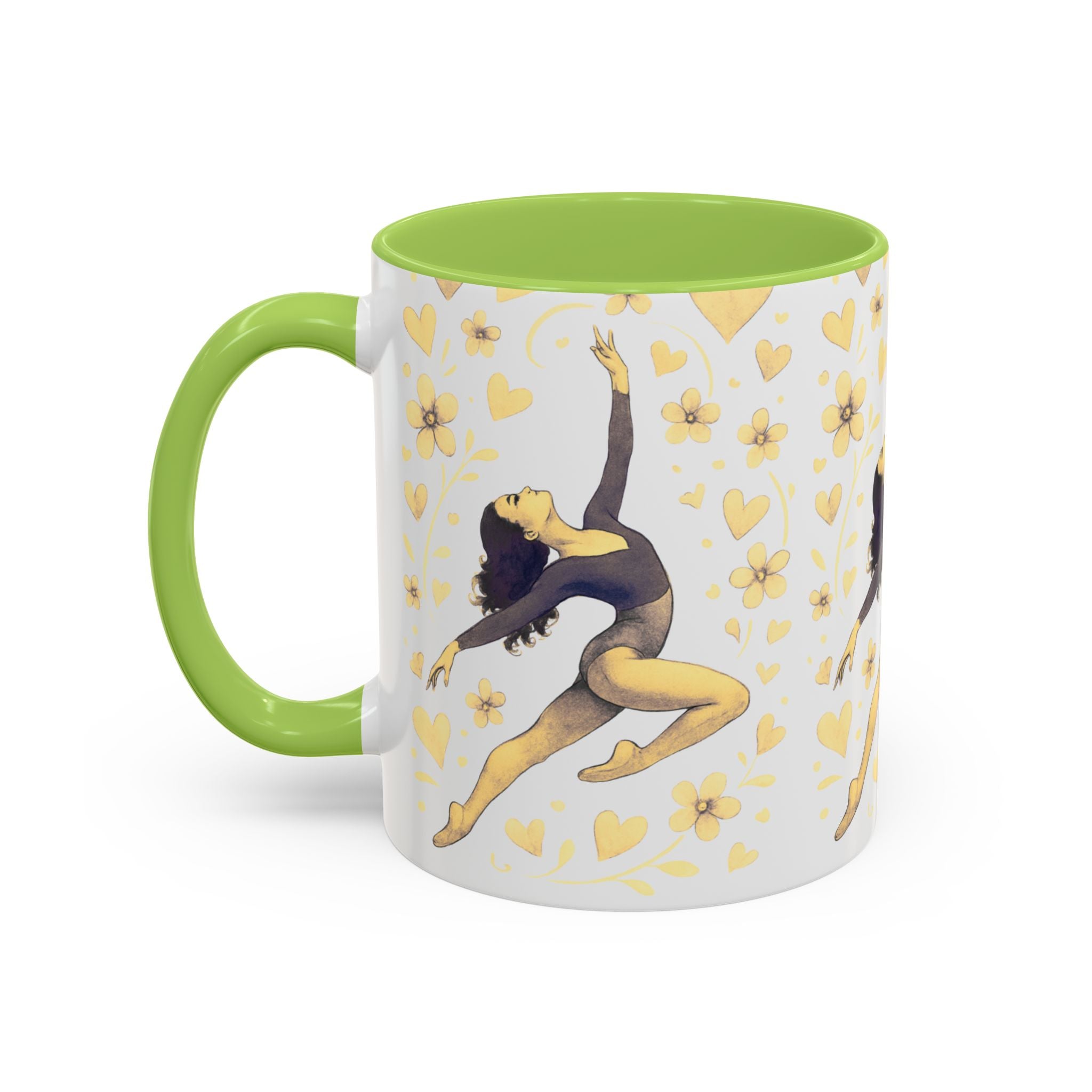 Ballet Dancer Accent Mug – Gold Hearts & Flowers Ceramic Coffee Cup (11/15oz)