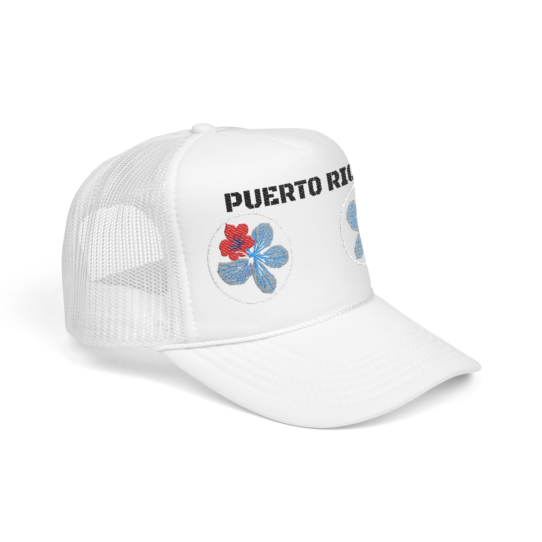 Floral Trio Foam Trucker Hat — Red & Blue Embroidered Flowers