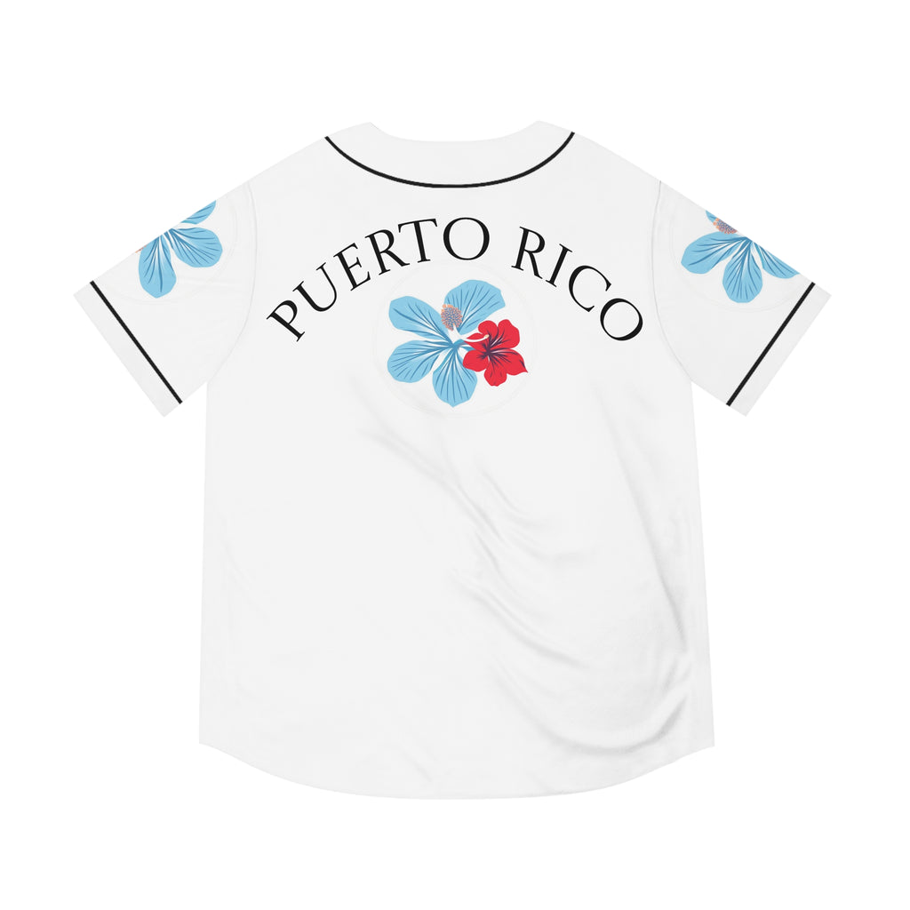 Puerto Rico Floral Baseball Jersey — "Azure" Blue and Red Tropical Hibiscus Jersey