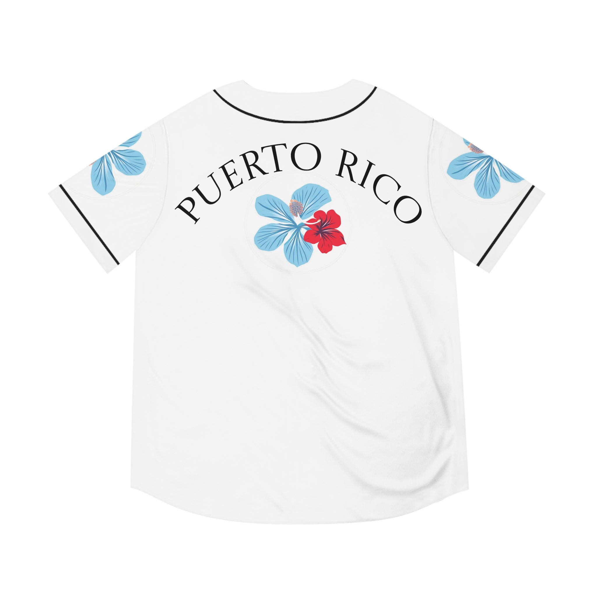 Puerto Rico Floral Baseball Jersey — "Azure" Blue and Red Tropical Hibiscus Jersey