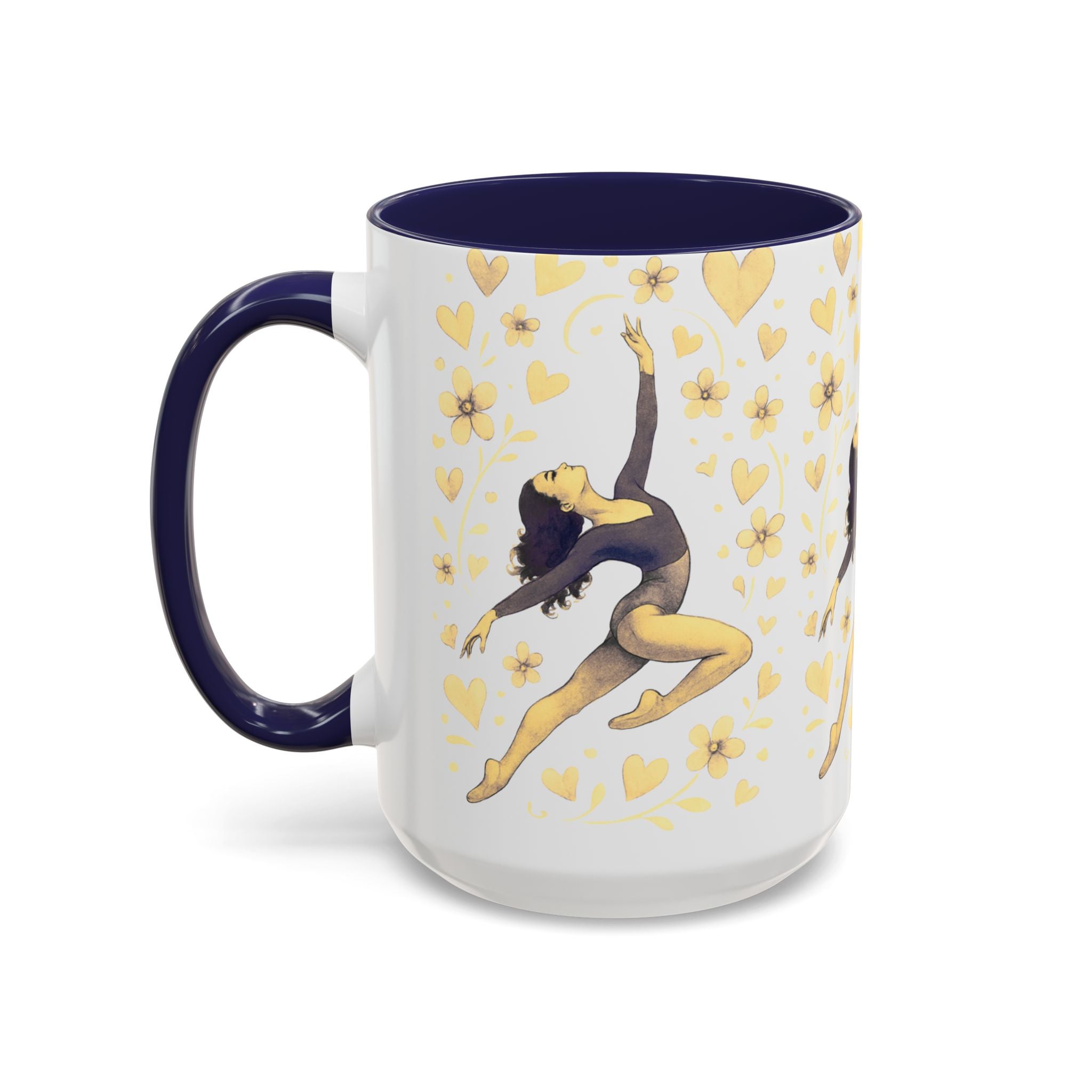 Ballet Dancer Accent Mug – Gold Hearts & Flowers Ceramic Coffee Cup (11/15oz)