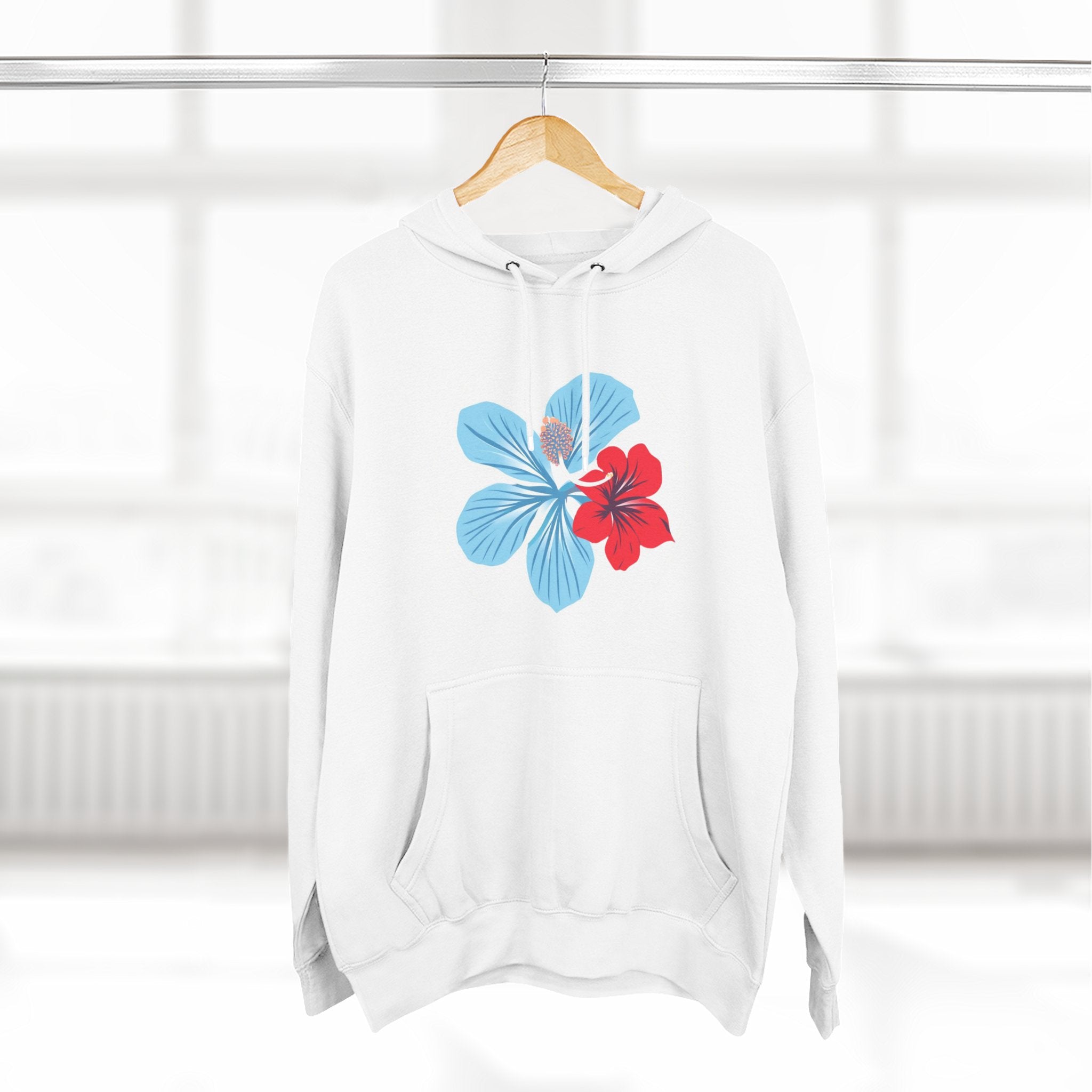 Hibiscus Floral Hoodie — "Azure" Blue & Red Flower Pullover