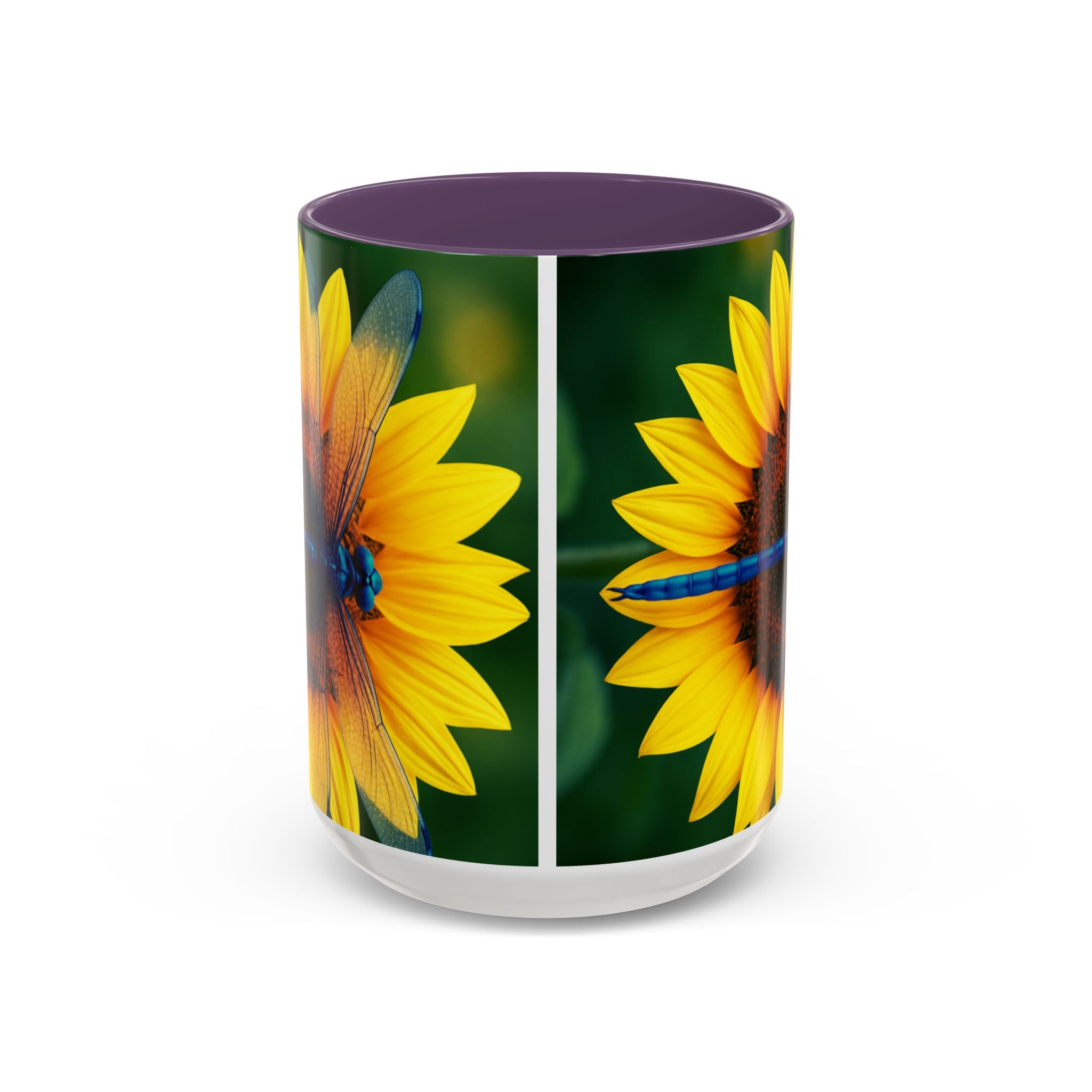 Sunflower & Dragonfly Accent Coffee Mug — Bright Floral Tea Cup (11/15oz)