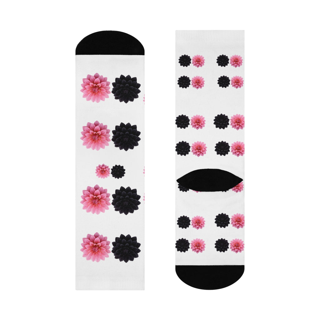 Pink & Black Floral Crew Socks — Cushioned Comfort Socks with Dahlia Pattern