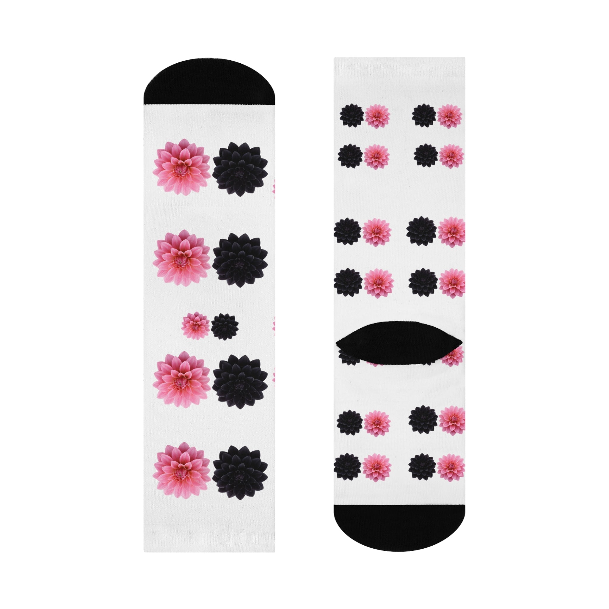 Pink & Black Floral Crew Socks — Cushioned Comfort Socks with Dahlia Pattern