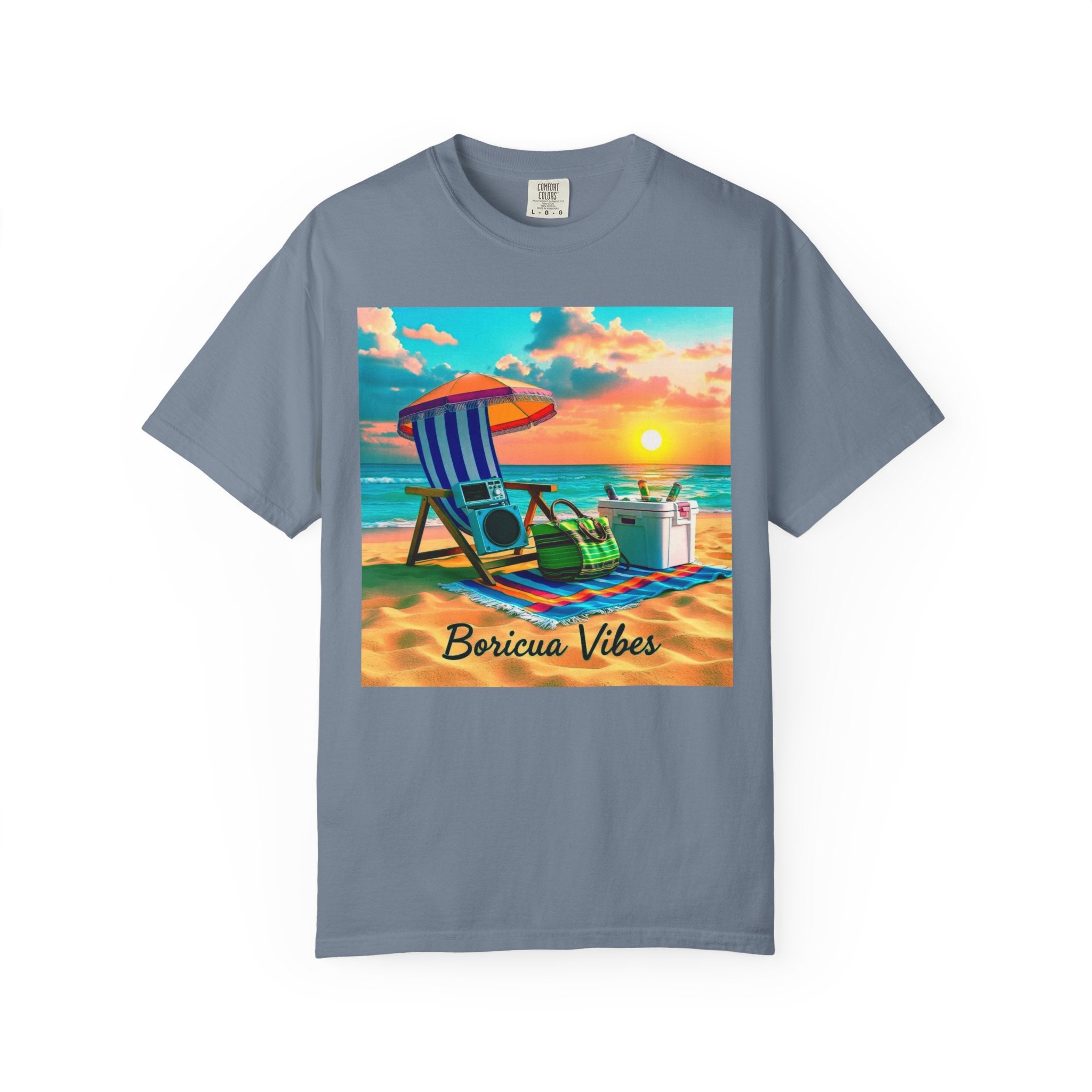 Boricua Vibes Beach T-Shirt — Puerto Rico Sunset Chair Graphic Tee
