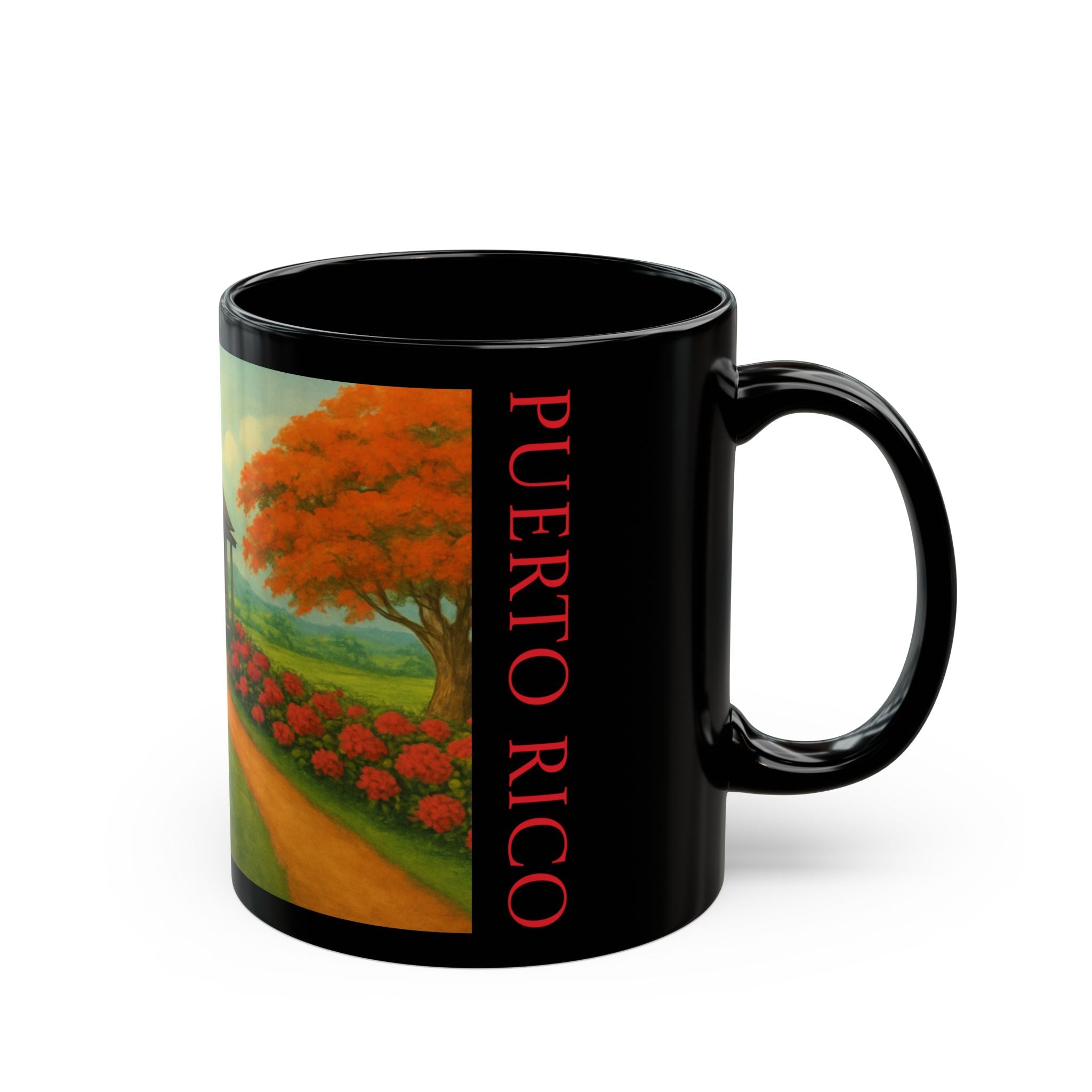 Puerto Rico Scenic Cabin Black Mug – Rustic Island Landscape Coffee Cup (11oz, 15oz)