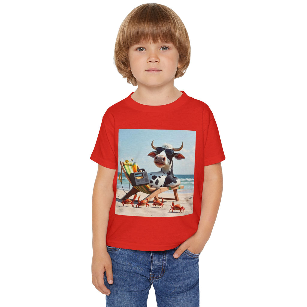 Beach Cow Toddler T‑Shirt — Cute Cow on Beach with Crabs Kids Tee