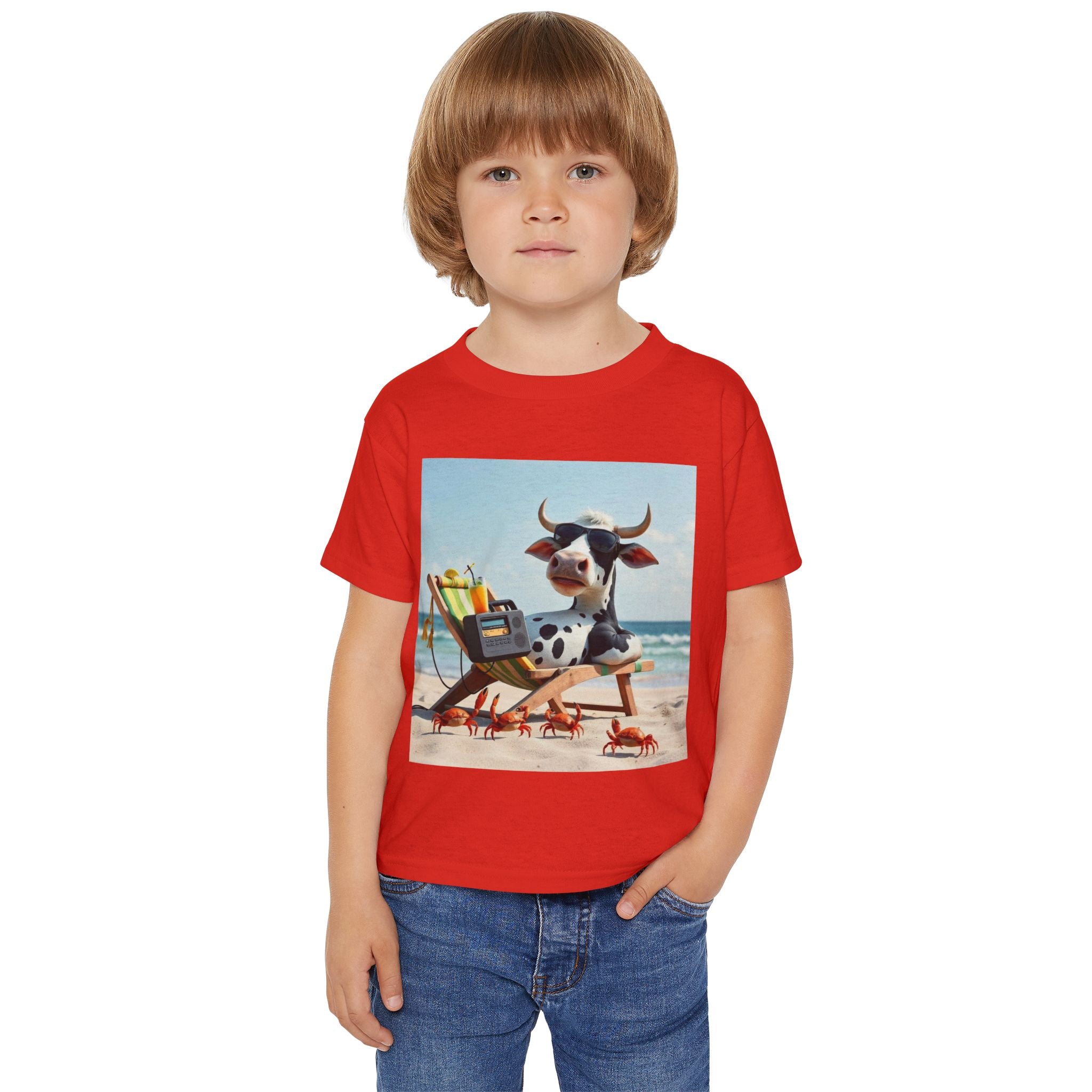 Beach Cow Toddler T‑Shirt — Cute Cow on Beach with Crabs Kids Tee