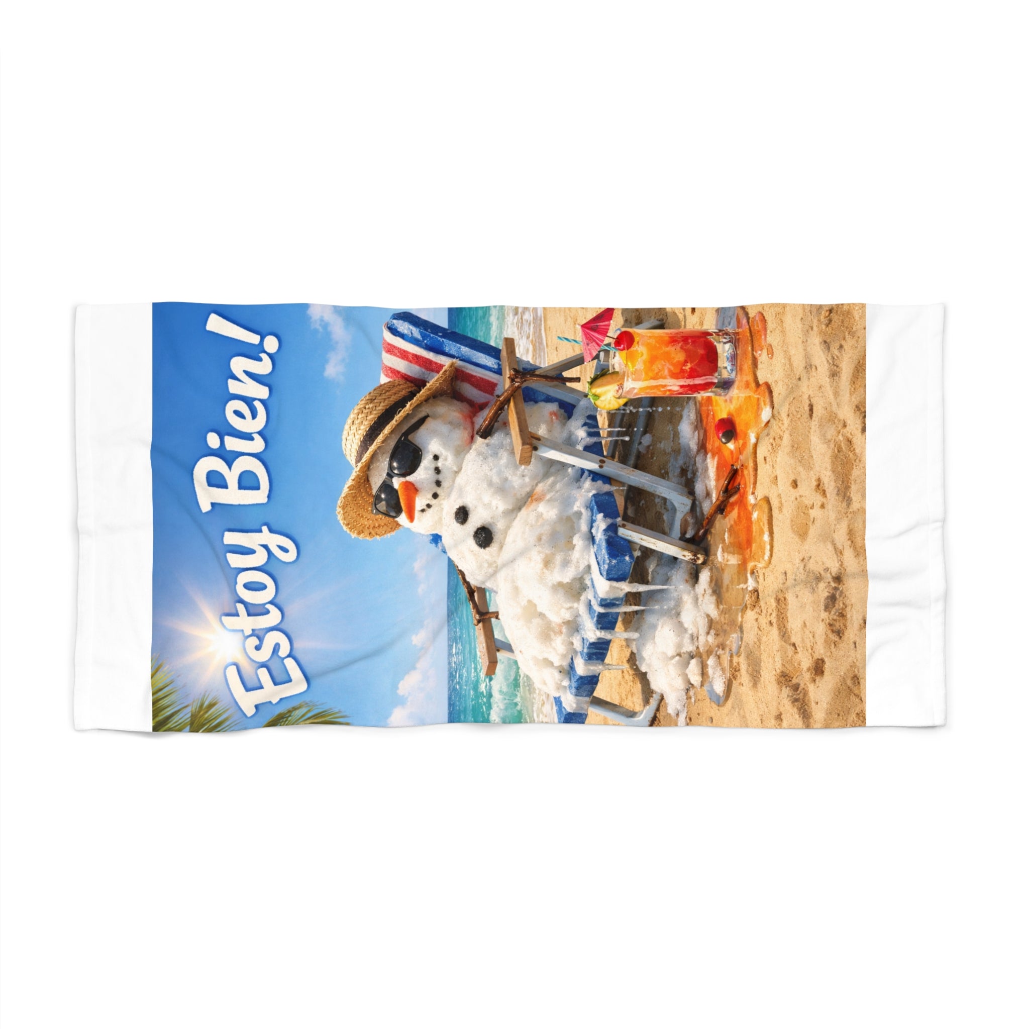 Beach Towel — "Estoy Bien!" Relaxing Beach Melting Snowman Print