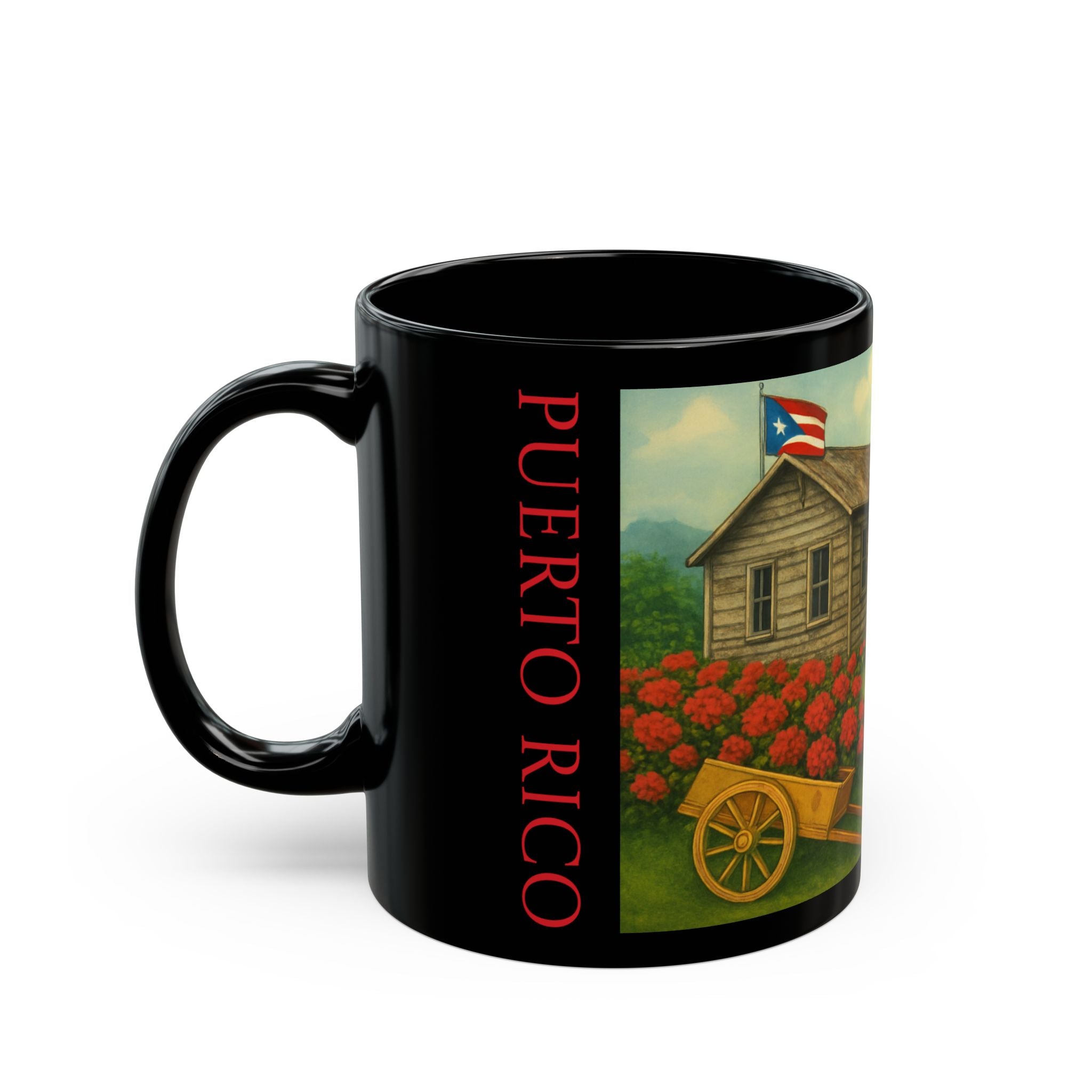 Puerto Rico Scenic Cabin Black Mug – Rustic Island Landscape Coffee Cup (11oz, 15oz)