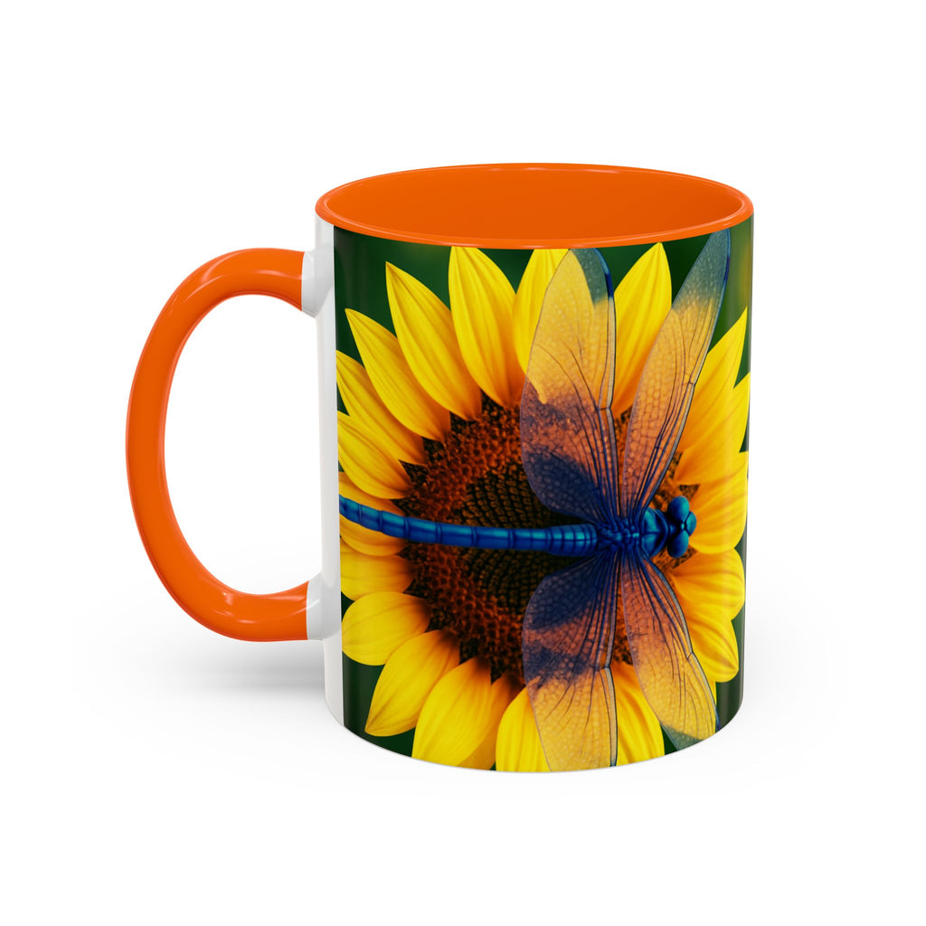 Sunflower & Dragonfly Accent Coffee Mug — Bright Floral Tea Cup (11/15oz)