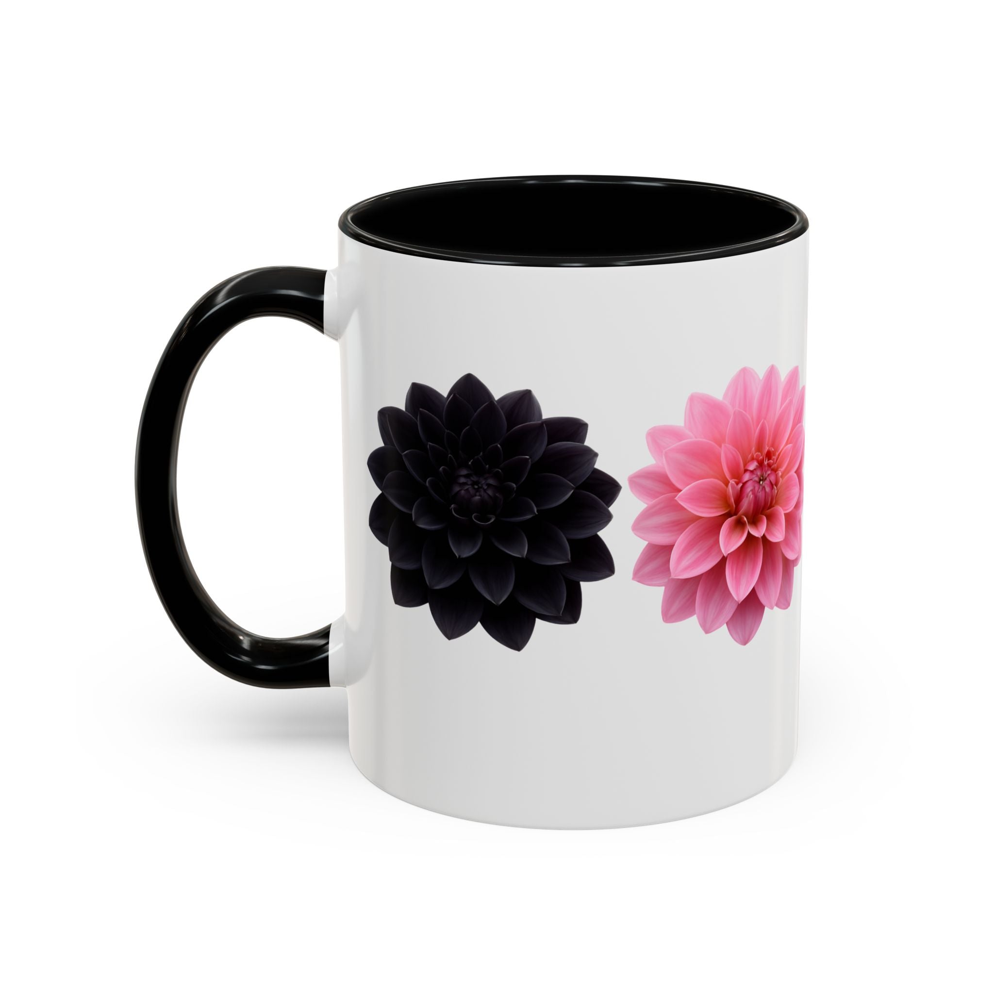 Pink & Black Dahlia Accent Coffee Mug — Floral 11/15oz Ceramic