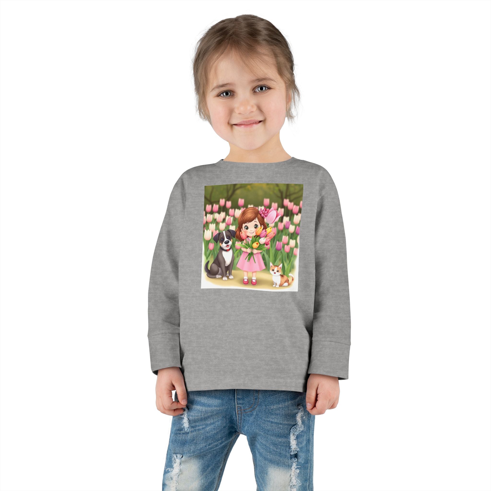 Toddler Long Sleeve Tee — Spring Cat and Dog T- Shirt