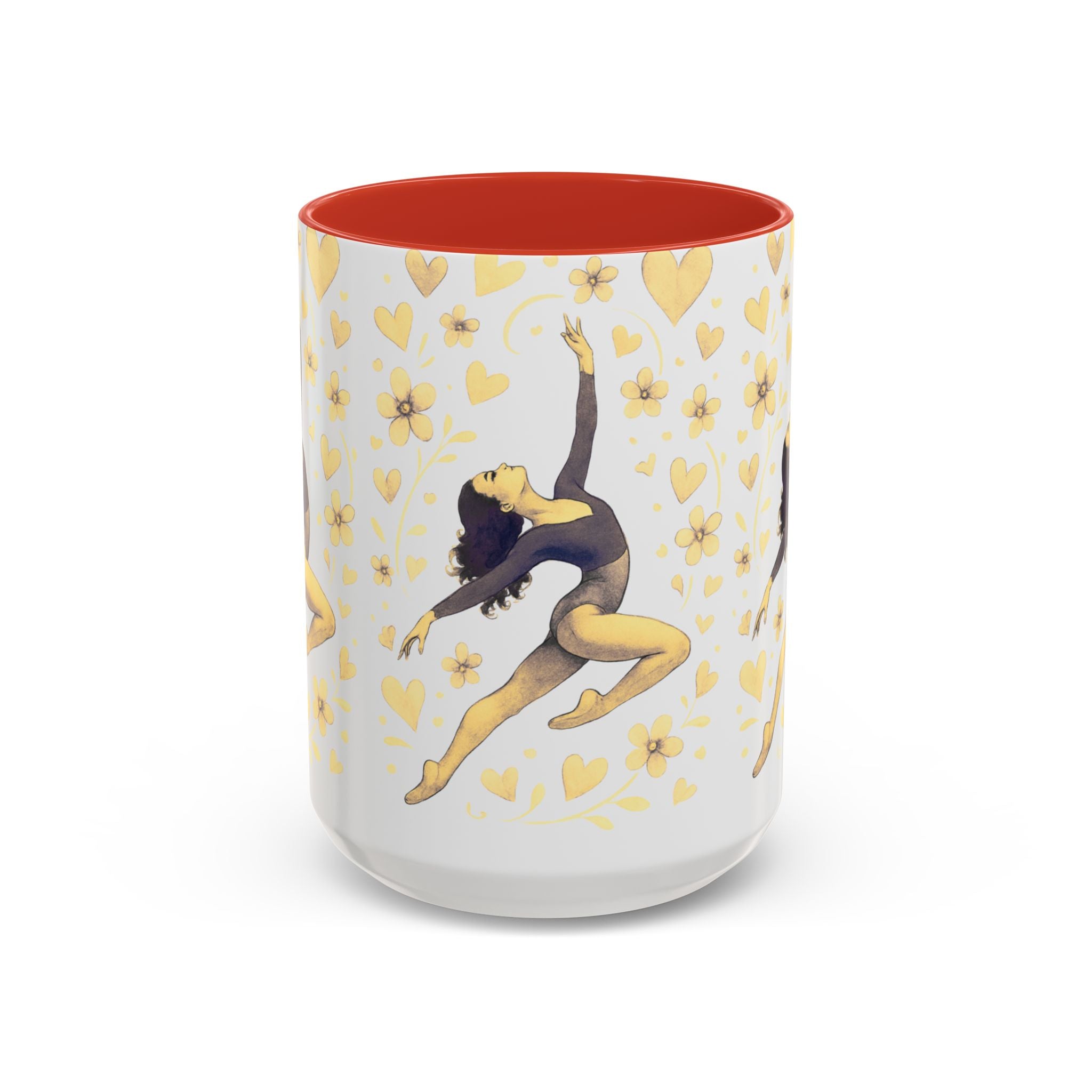 Ballet Dancer Accent Mug – Gold Hearts & Flowers Ceramic Coffee Cup (11/15oz)