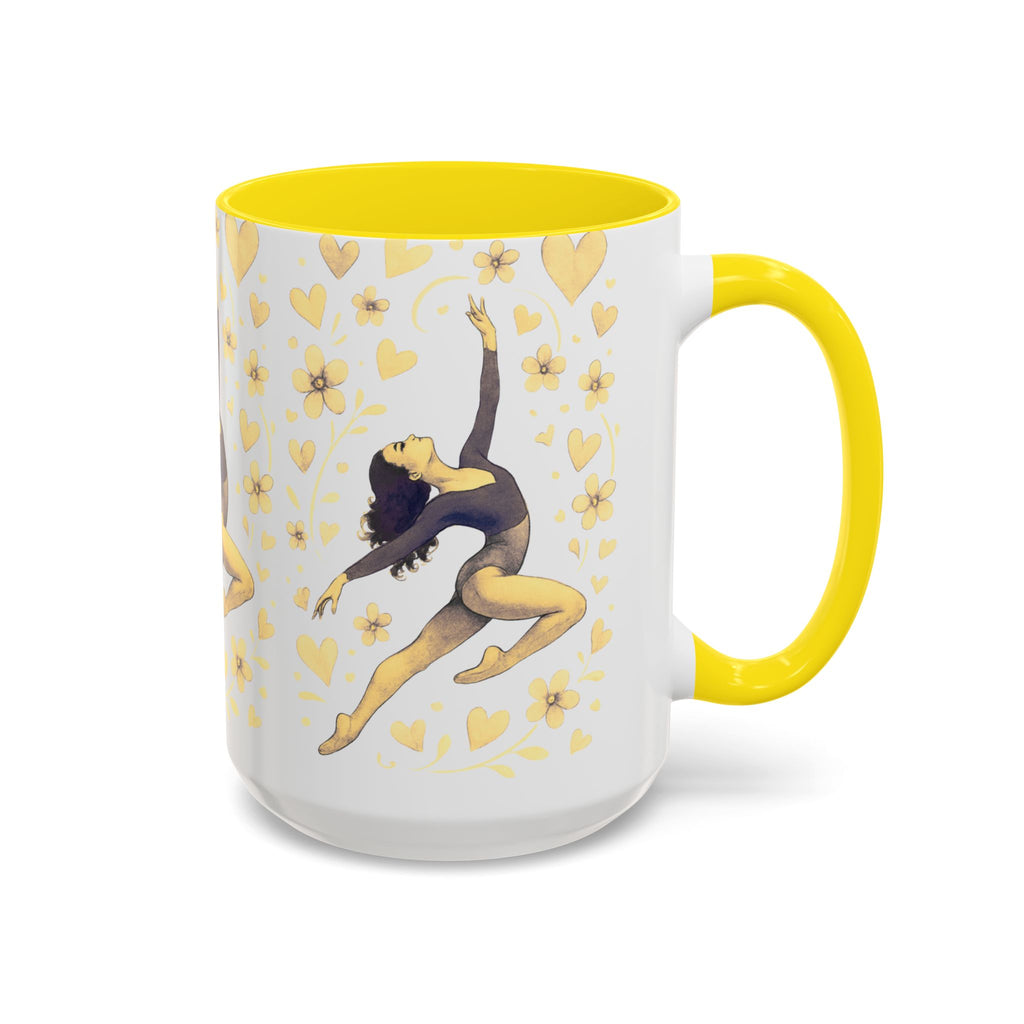 Ballet Dancer Accent Mug – Gold Hearts & Flowers Ceramic Coffee Cup (11/15oz)