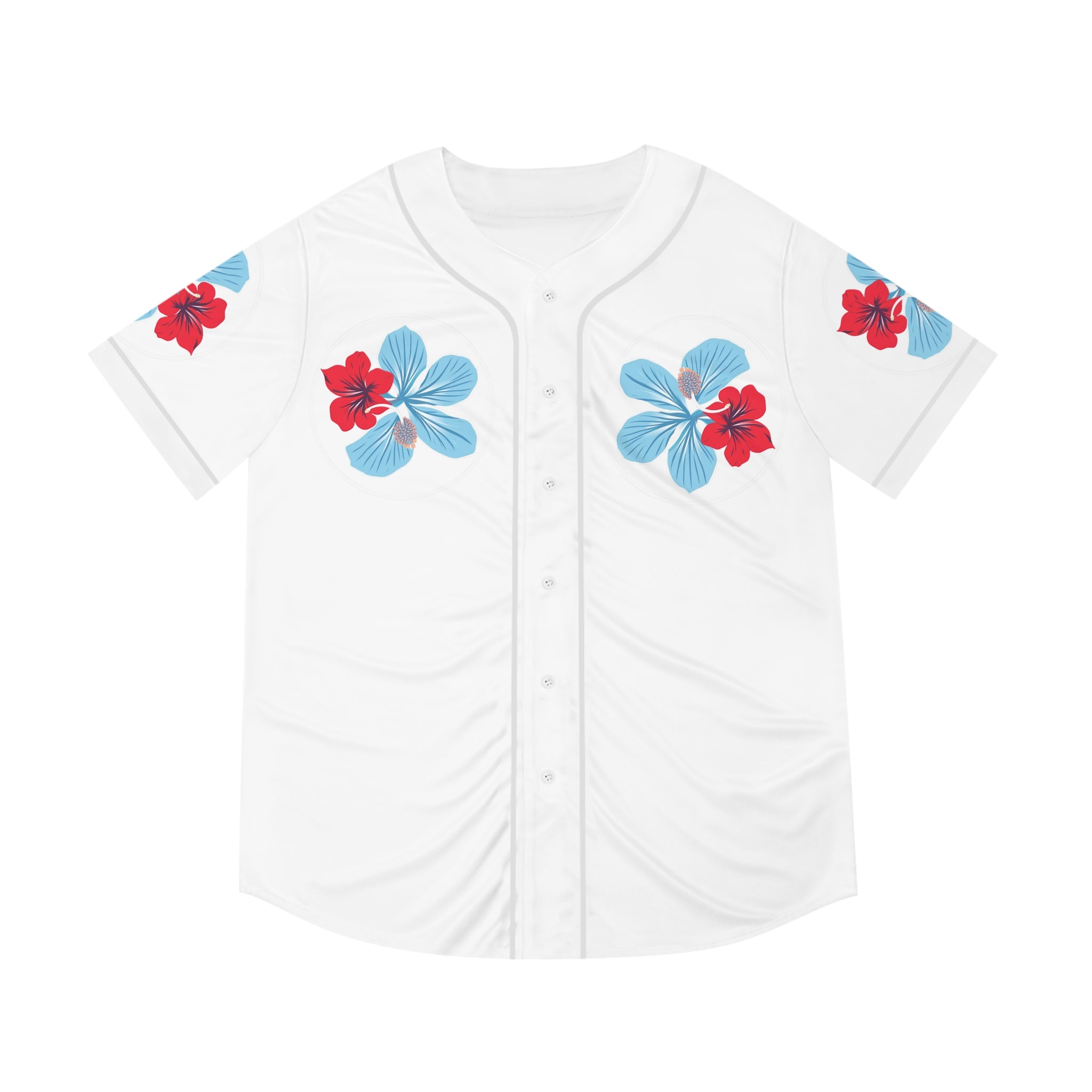 Puerto Rico Floral Baseball Jersey — "Azure" Blue and Red Tropical Hibiscus Jersey