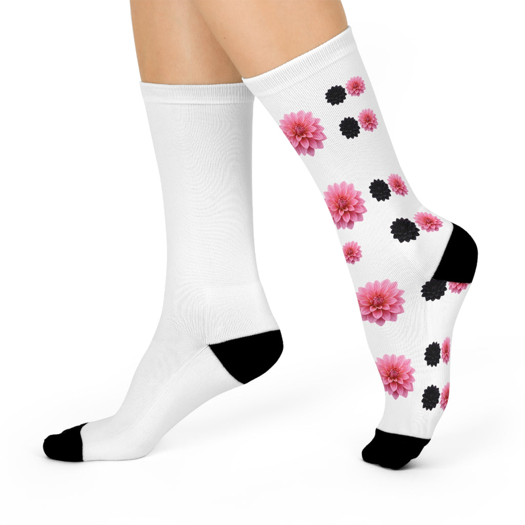 Pink & Black Floral Crew Socks — Cushioned Comfort Socks with Dahlia Pattern