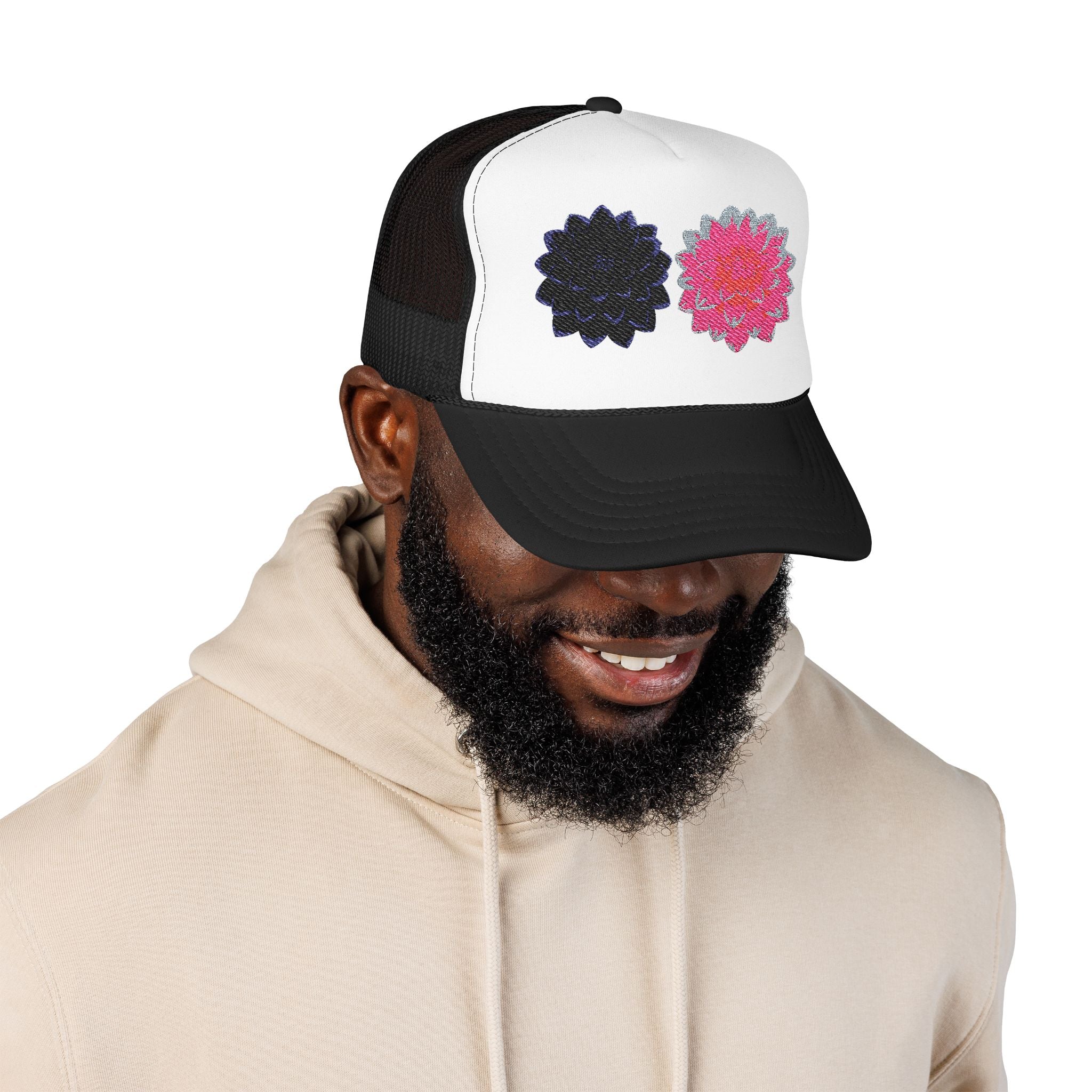Embroidered Double Dahlia Trucker Hat — Pink & Black Floral Foam Cap