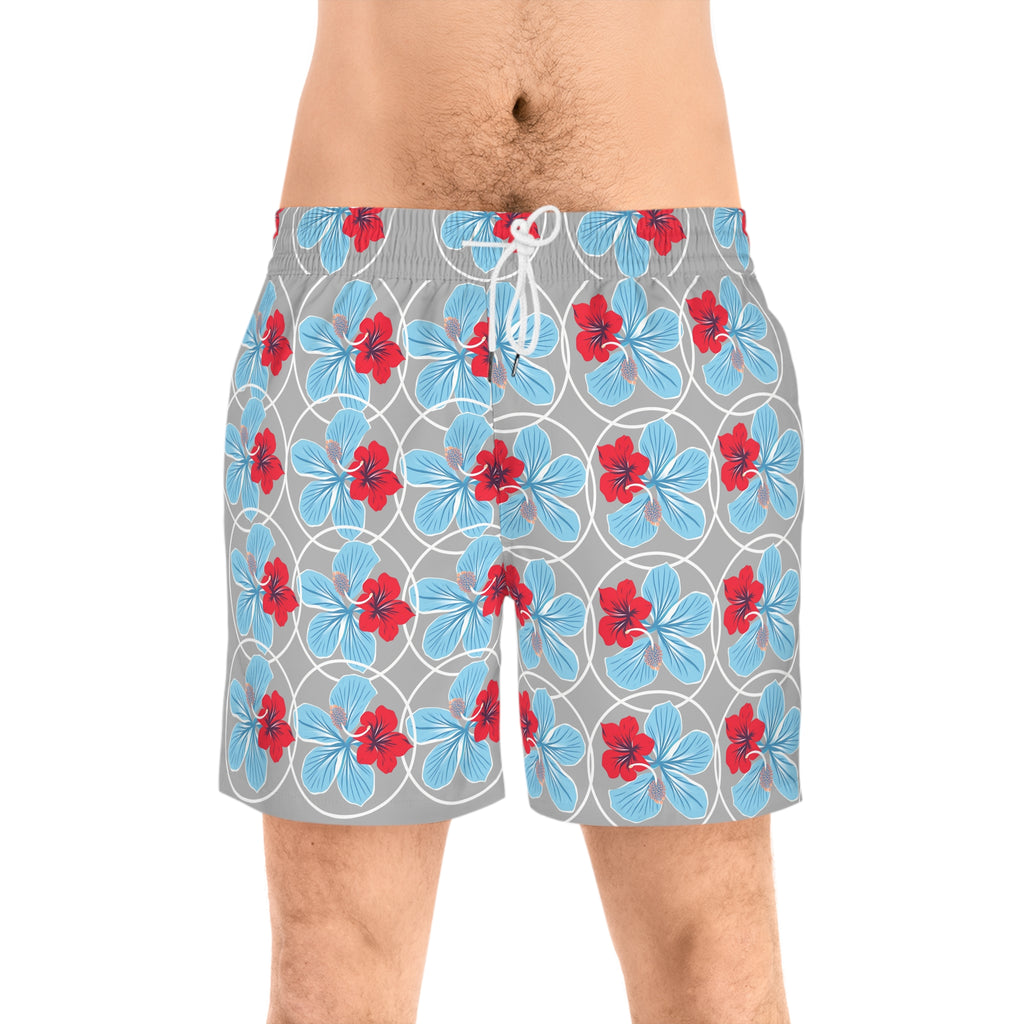 White / Azure Blue Tropical Hibiscus Swim Shorts — Men's Mid-Length Beach Trunks