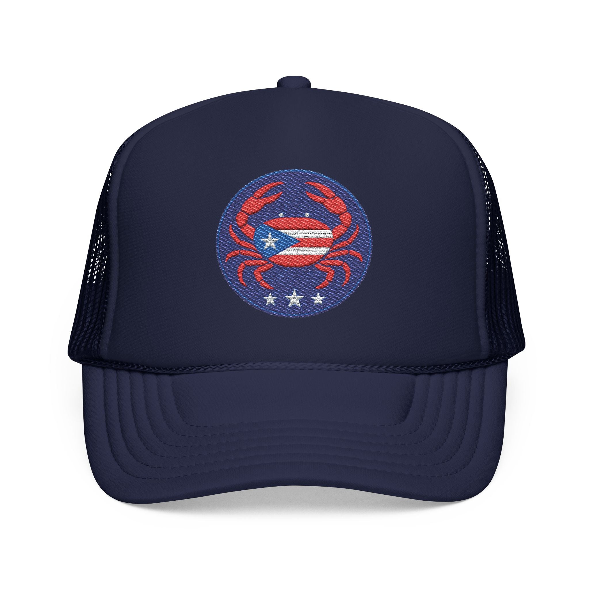 Embroidered Puerto Rico / Crab Trucker Hat — Coastal Mesh Foam Cap