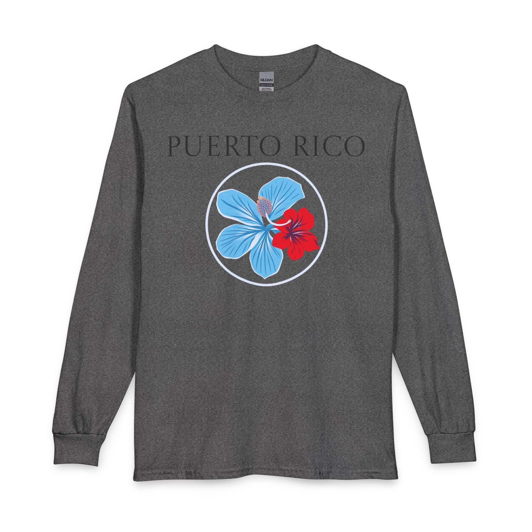 Red, White and "Azure" Blue Hibiscus Long Sleeve T-Shirt | Puerto Rico Love