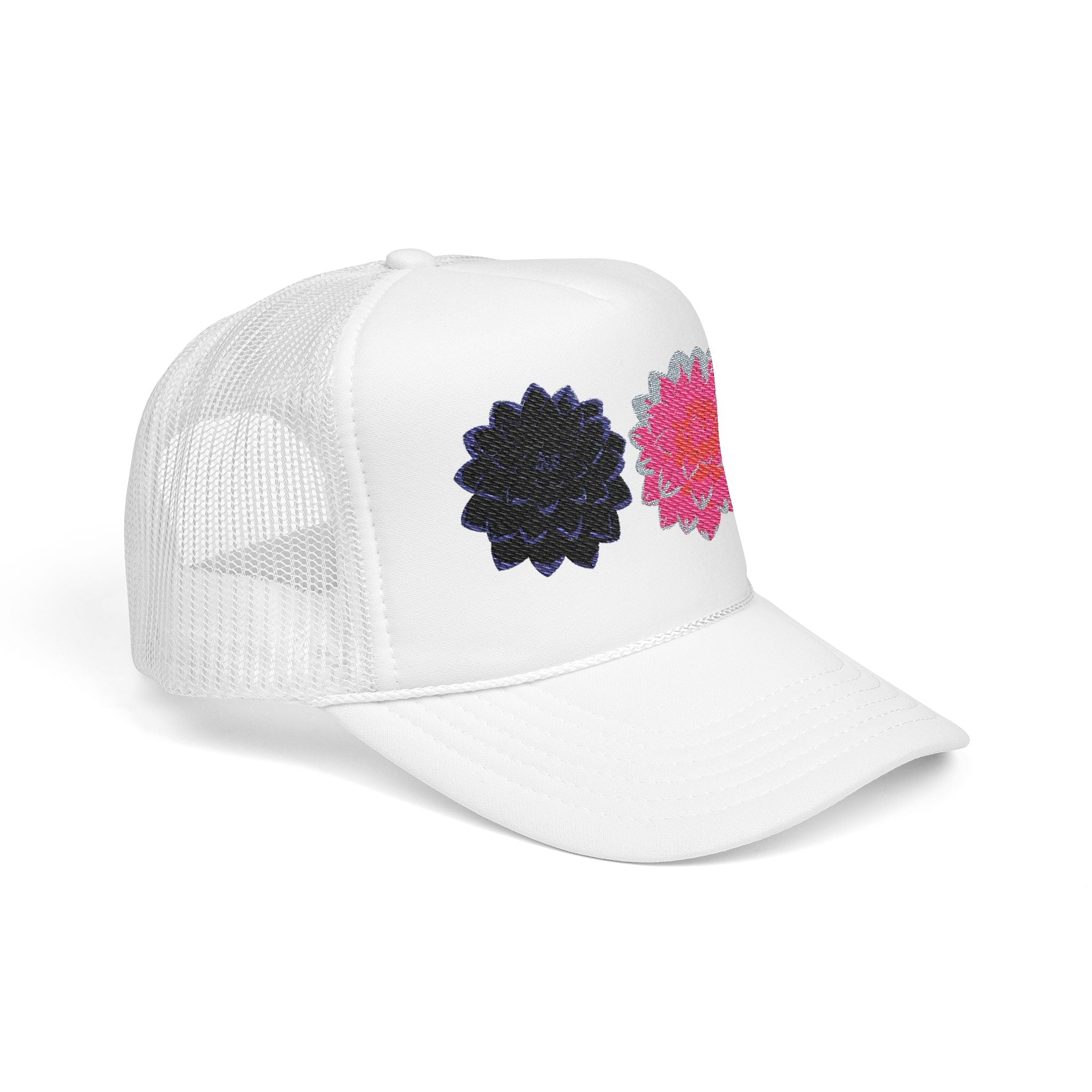 Embroidered Double Dahlia Trucker Hat — Pink & Black Floral Foam Cap