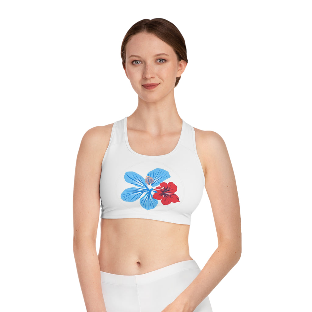 Floral Hibiscus Sports Bra — Blue & Red Tropical Print