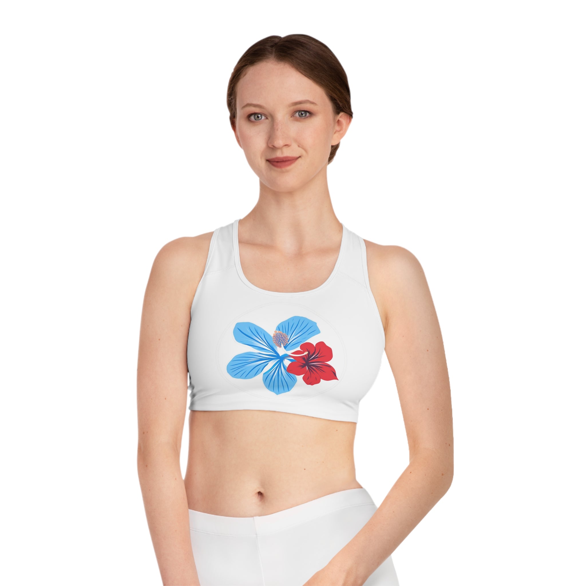Floral Hibiscus Sports Bra — Blue & Red Tropical Print