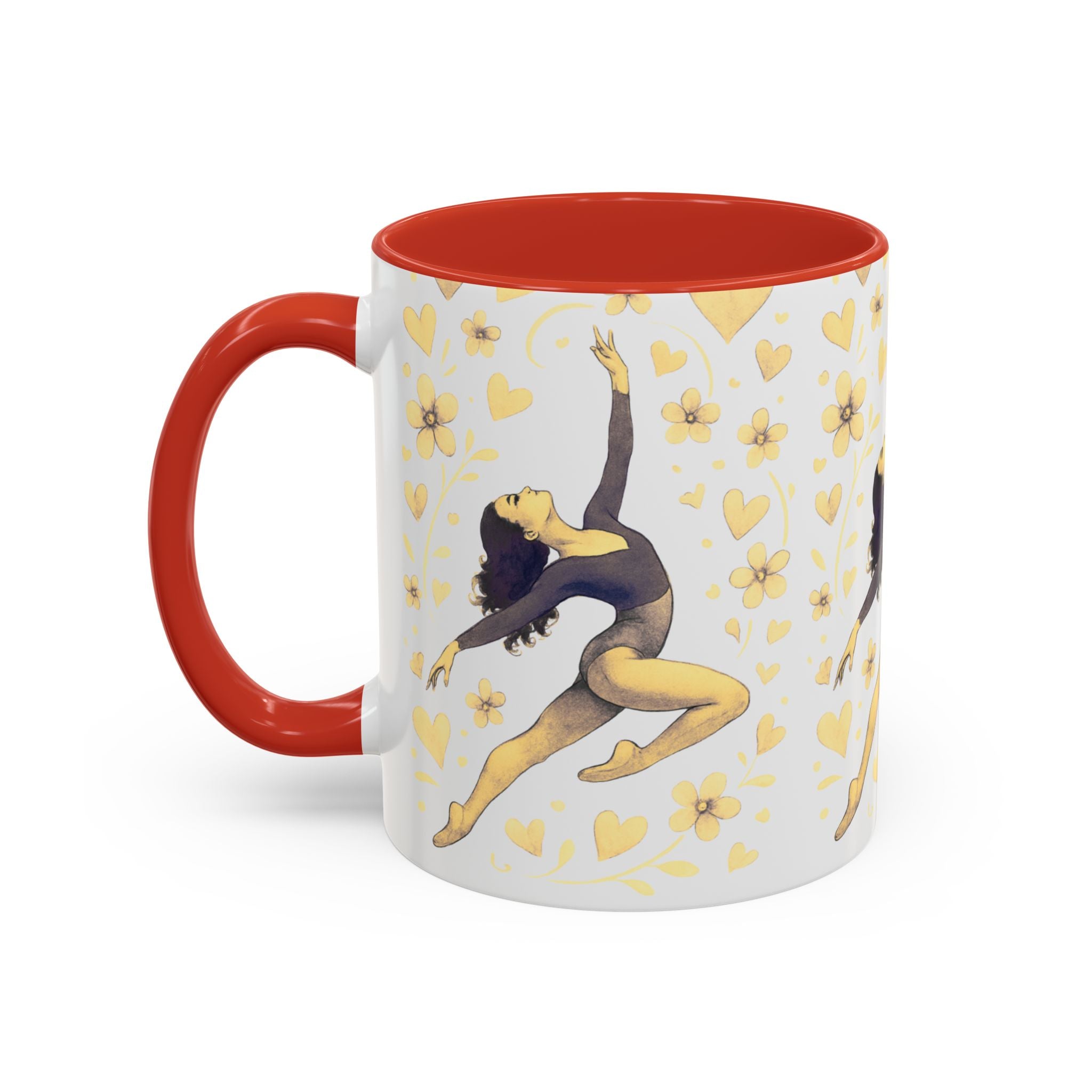 Ballet Dancer Accent Mug – Gold Hearts & Flowers Ceramic Coffee Cup (11/15oz)