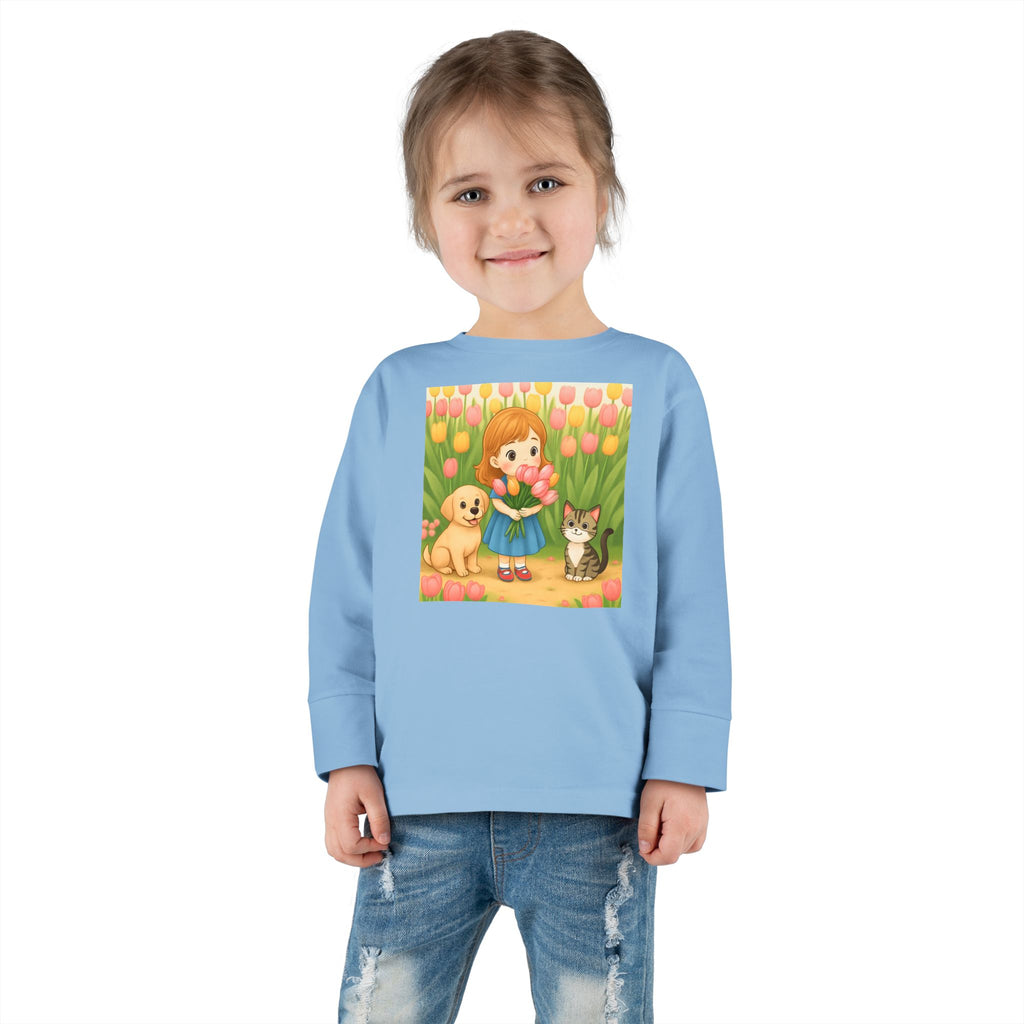 Toddler Long Sleeve Tee — Spring Cat and Dog Graphic