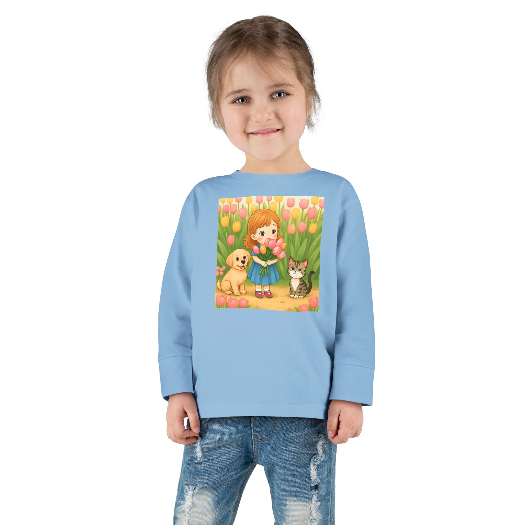 Toddler Long Sleeve Tee — Spring Cat and Dog Graphic