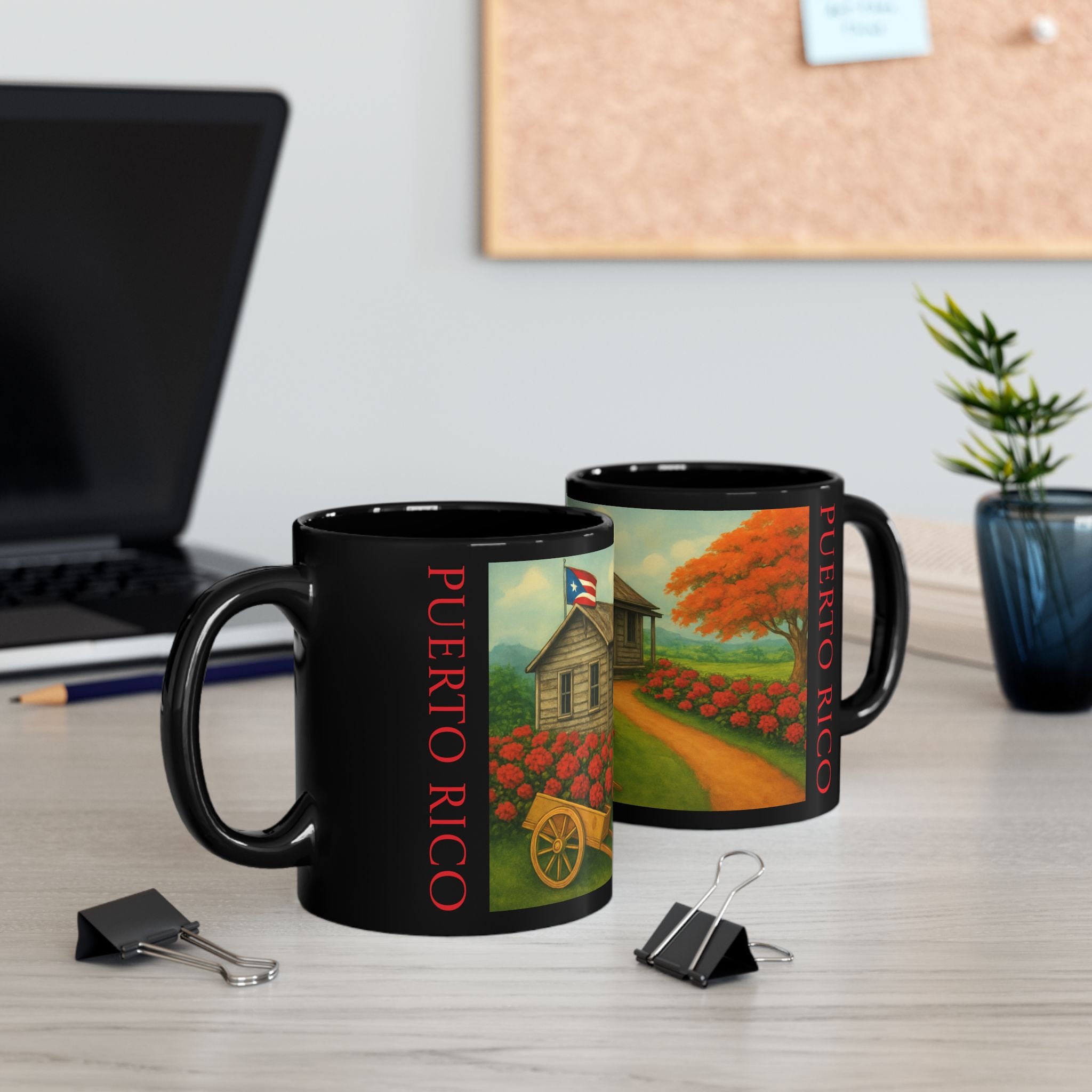 Puerto Rico Scenic Cabin Black Mug – Rustic Island Landscape Coffee Cup (11oz, 15oz)