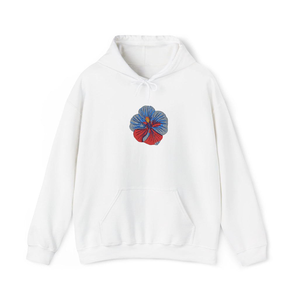 Embroidered Hibiscus Red, White, Blue Floral Illustration Hoodie | Embroidered Sweatshirt