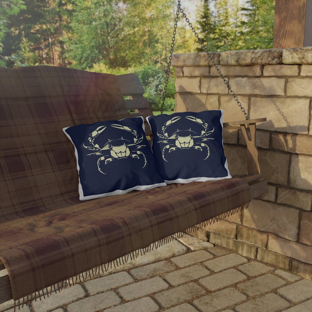 Navy Coastal Crab Outdoor Pillow — Nautical Beach Patio Cushion