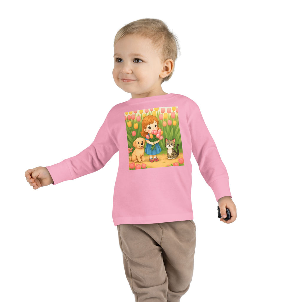 Toddler Long Sleeve Tee — Spring Cat and Dog Graphic