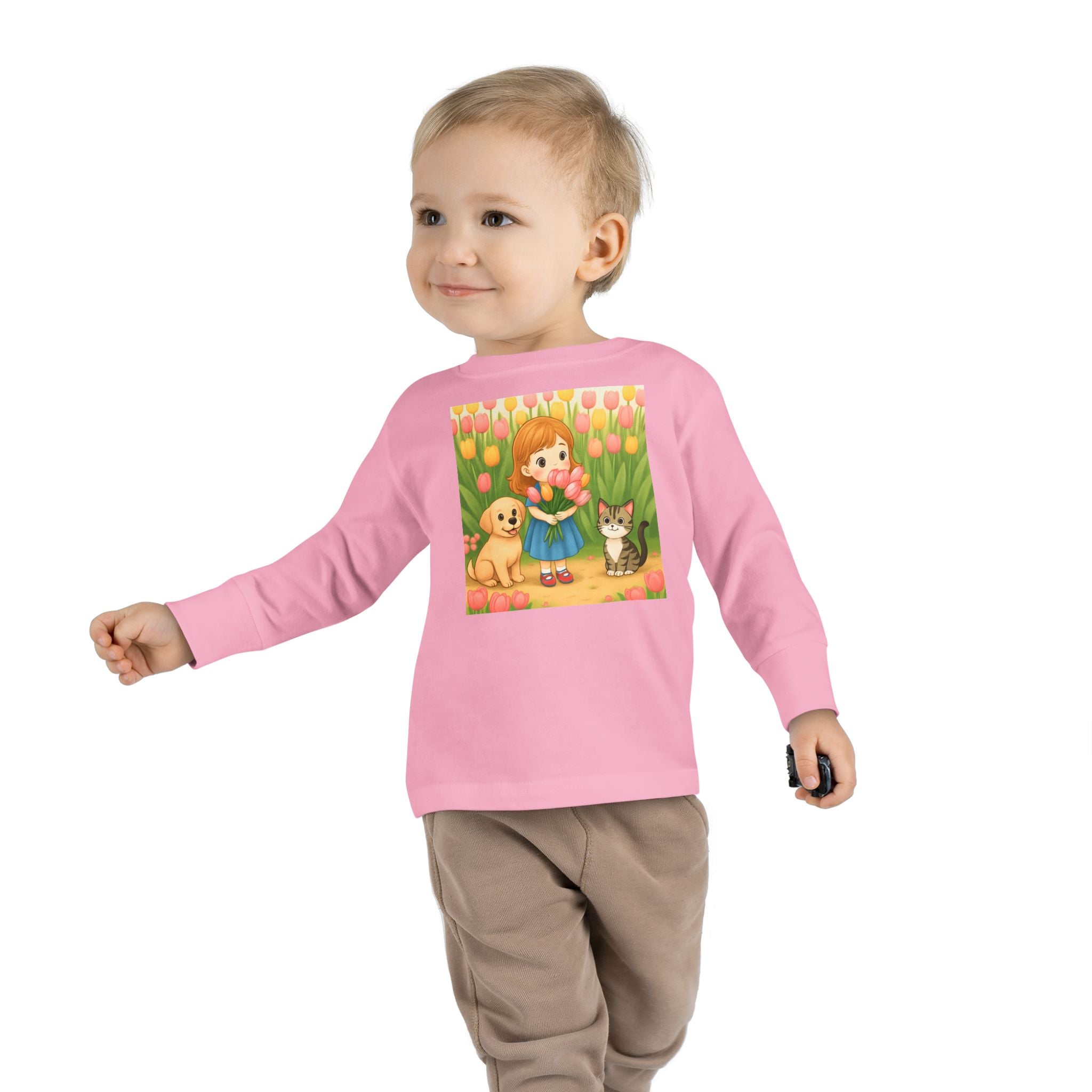 Toddler Long Sleeve Tee — Spring Cat and Dog Graphic