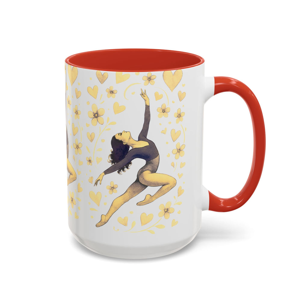 Ballet Dancer Accent Mug – Gold Hearts & Flowers Ceramic Coffee Cup (11/15oz)